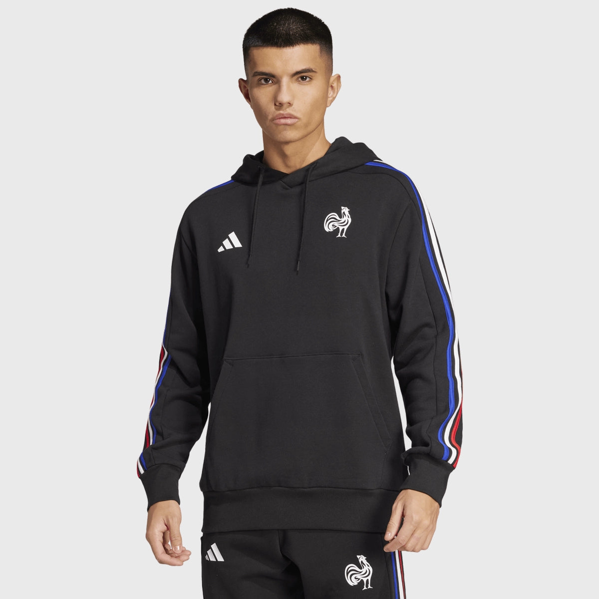 Adidas France Rugby 3 Stripe Hoodie - Men's Black Pullover Sweatshirt for Casual Wear & Sports Fans