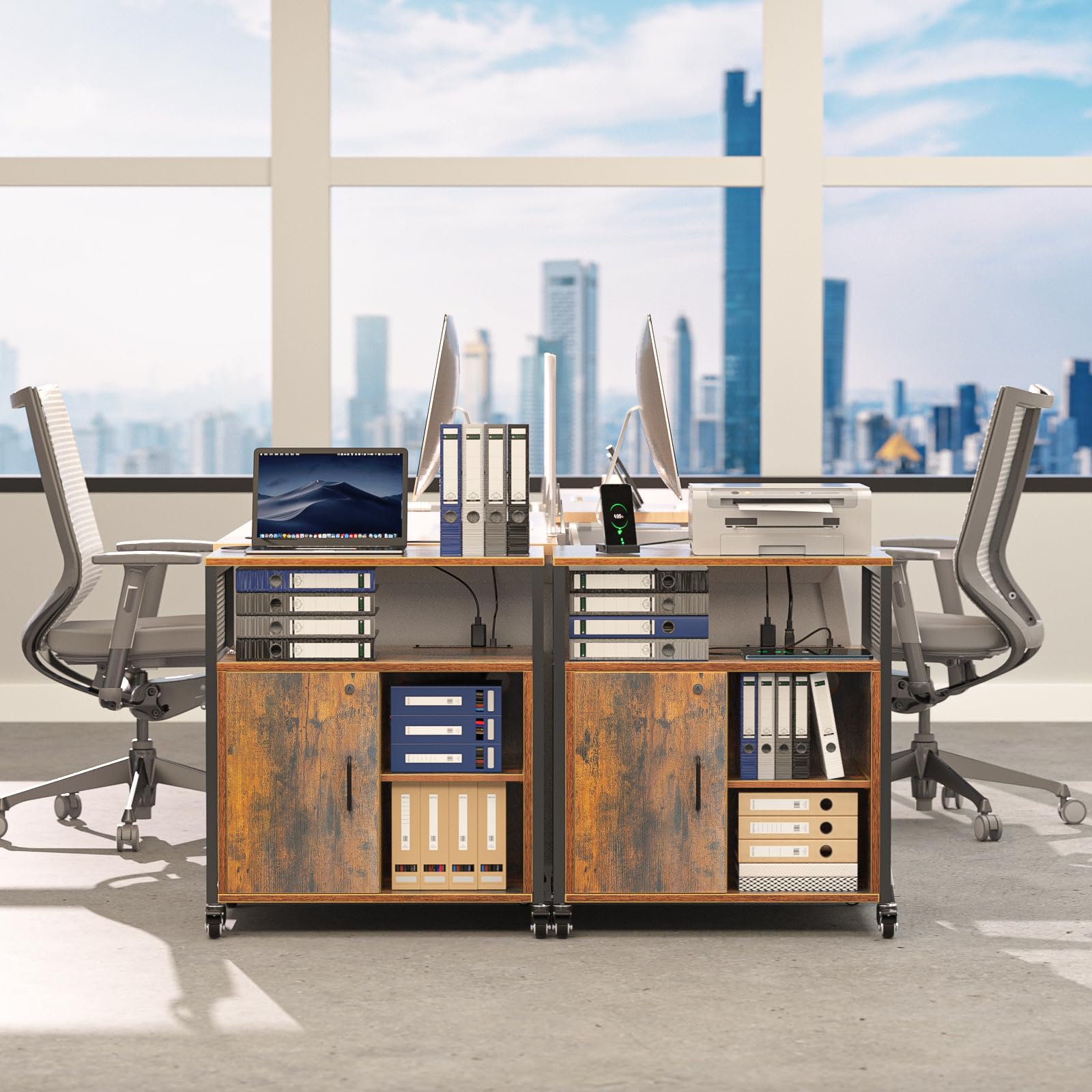 Locking Braking Wheels File Cabinet with Charging Station & Storage - Heavy Duty Mobile Filing Cabinet for Office & Home, A4 Letter Size Document Organizer - Perfect for Workspaces, Home Offices & Printer Stand Storage Solutions