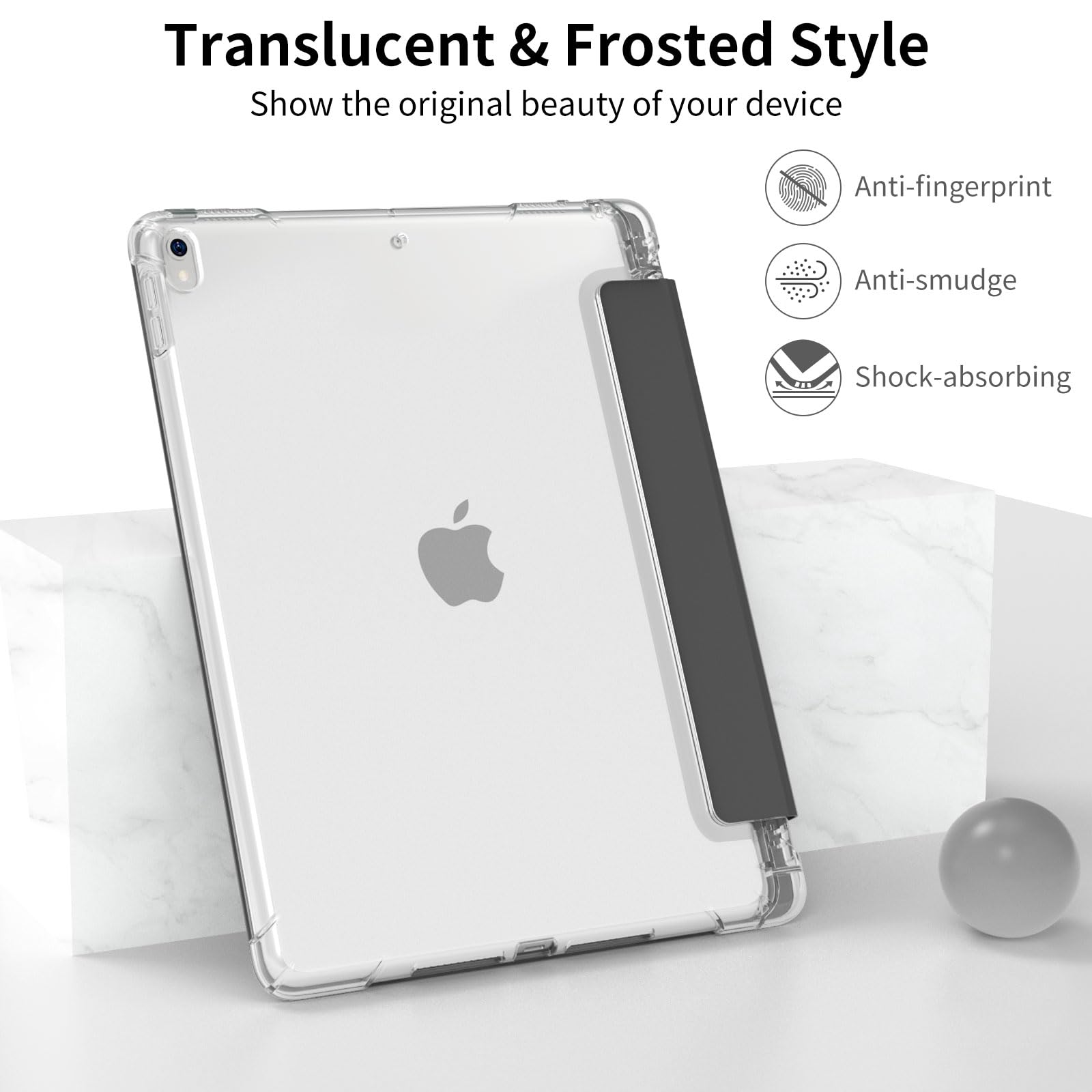 Premium Slim Trifold Smart Case for iPad Air 3rd Gen (2019) & iPad Pro 10.5 (2017) - Frosted Translucent TPU Back Cover with Apple Pencil Holder | Auto Sleep/Wake Feature | Perfect for Work, School & Travel | Black