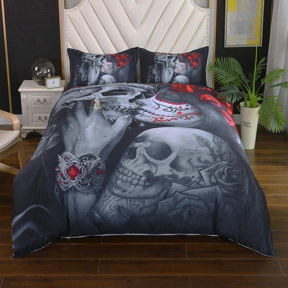 Suncloris 3D Sugar Skull Girl Kissing Skull Duvet Cover Set - Queen Size Bedding with Pillowcases (No Comforter Included) | Gothic Home Decor for Teens & Adults Bedroom