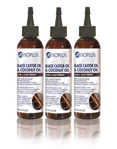 Isoplus Black Castor Oil & Coconut Oil Hair Growth Treatment - Scalp Therapy Oil for Dry Damaged Hair - 4 oz Bottle (Pack of 3) - Promotes Thicker, Longer Hair for Men & Women - Perfect for Daily Hair Care Routine & Nighttime Scalp Massage