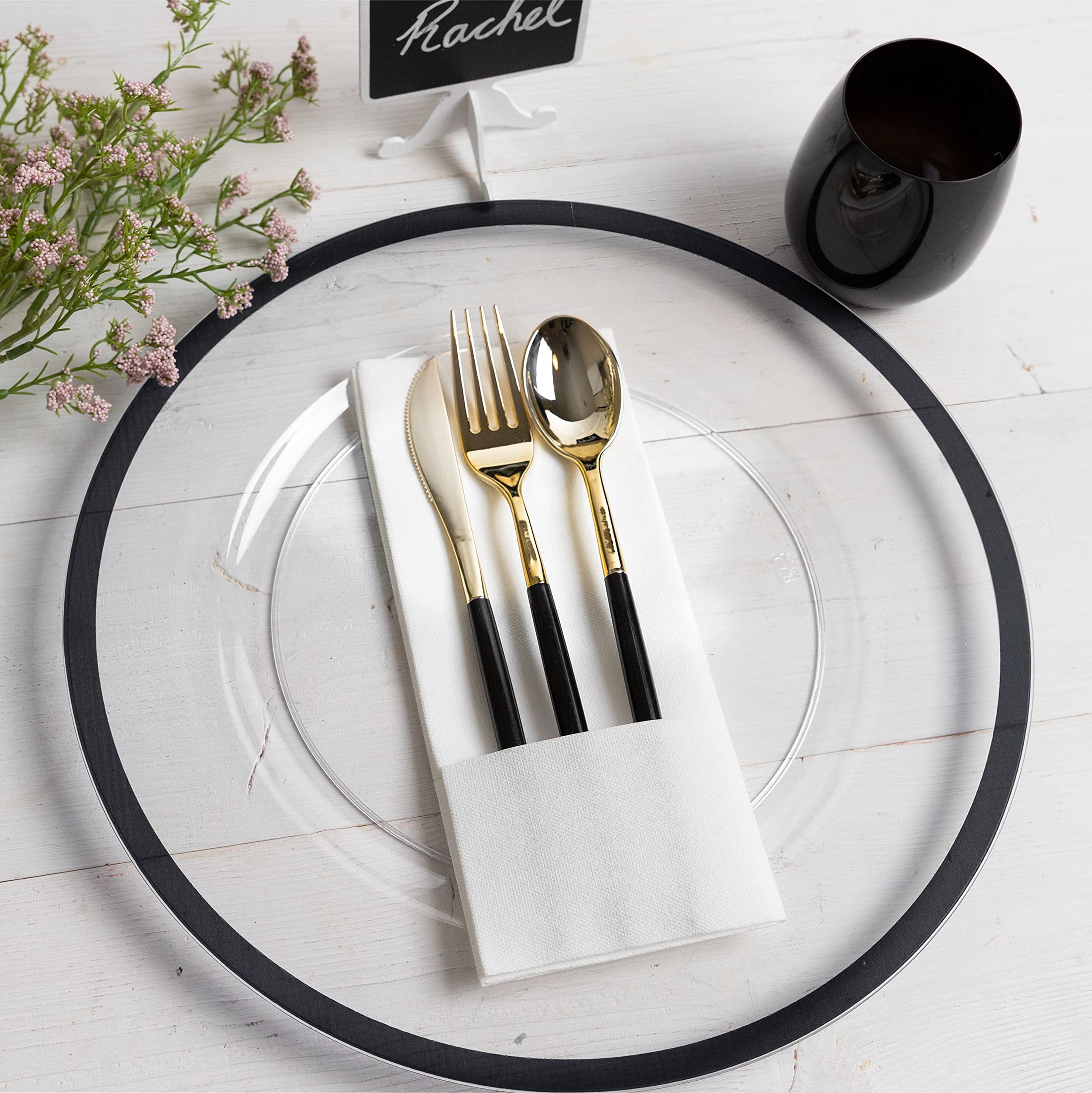 13-Inch Heavy-Duty Disposable Charger Plates for Elegant Dining - Black Rim (Pack of 48) - Perfect for Weddings, Formal Events, Banquets & Dinner Parties - Premium Party Supplies for Stylish Table Settings
