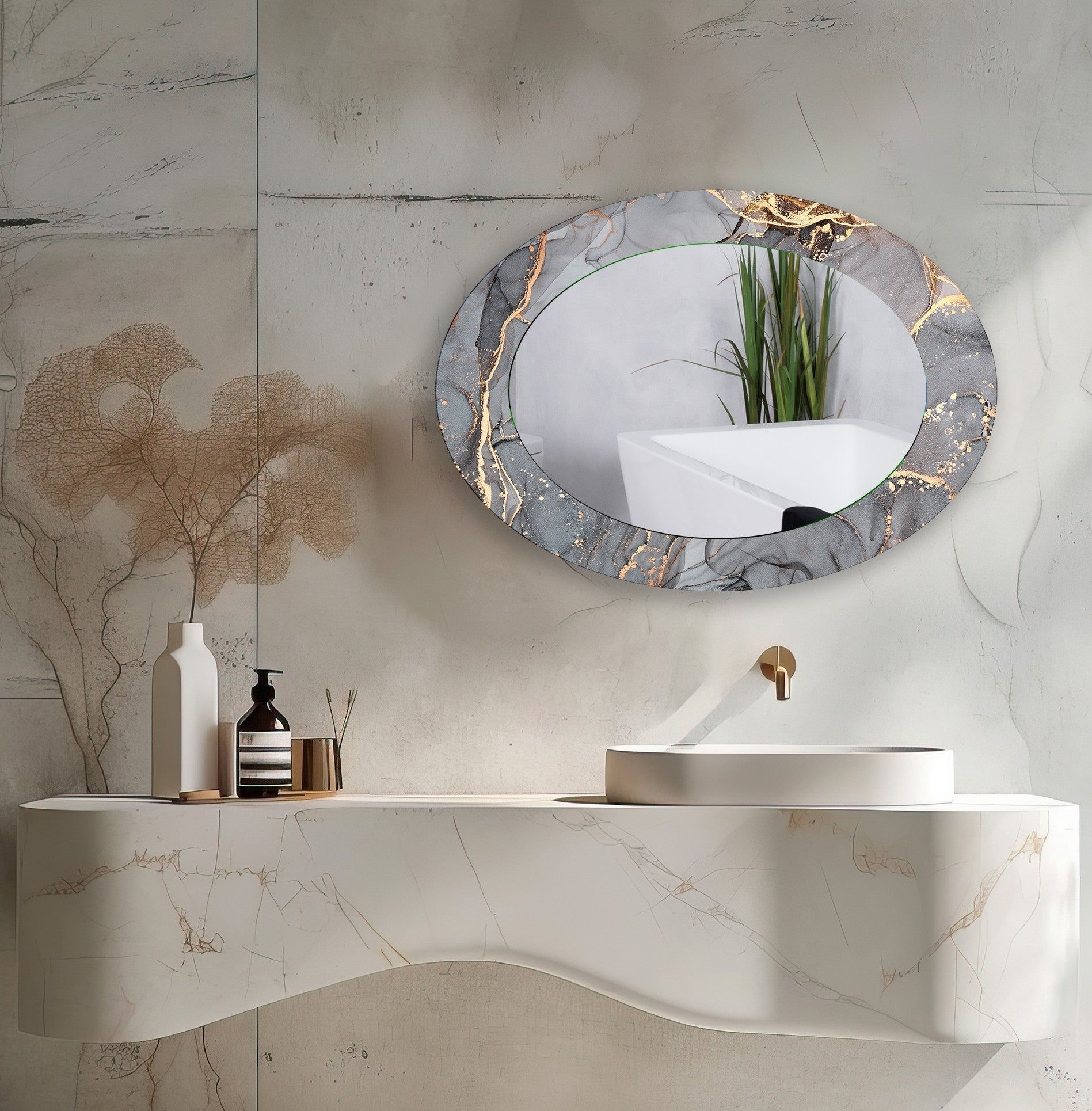 Modern Abstract Gray Oval Wall Mirror - Elegant Home Decor for Living Room, Bedroom & Entryway