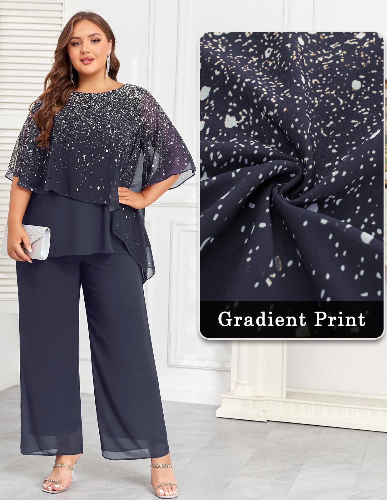 Hanna Nikole 2024 Plus Size Mother of Bride Pant Suits 2 Piece Set - Ruffle Layers Chiffon Outfit with Gradient Print for Wedding Guest, Special Occasions & Formal Events