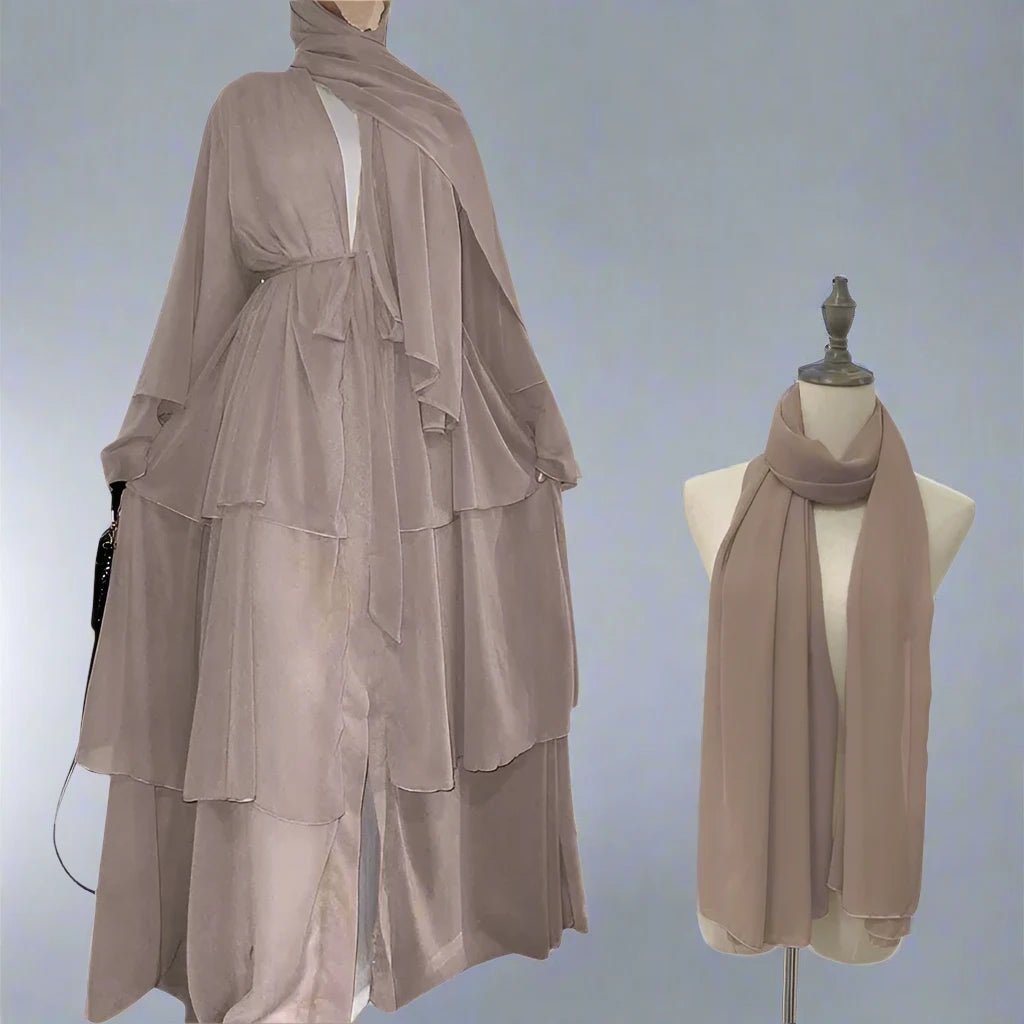 Elegant 3-Layer Chiffon Open Abaya Dress with Matching Hijab for Muslim Women - Perfect for Prayer, Modest Fashion & Special Occasions