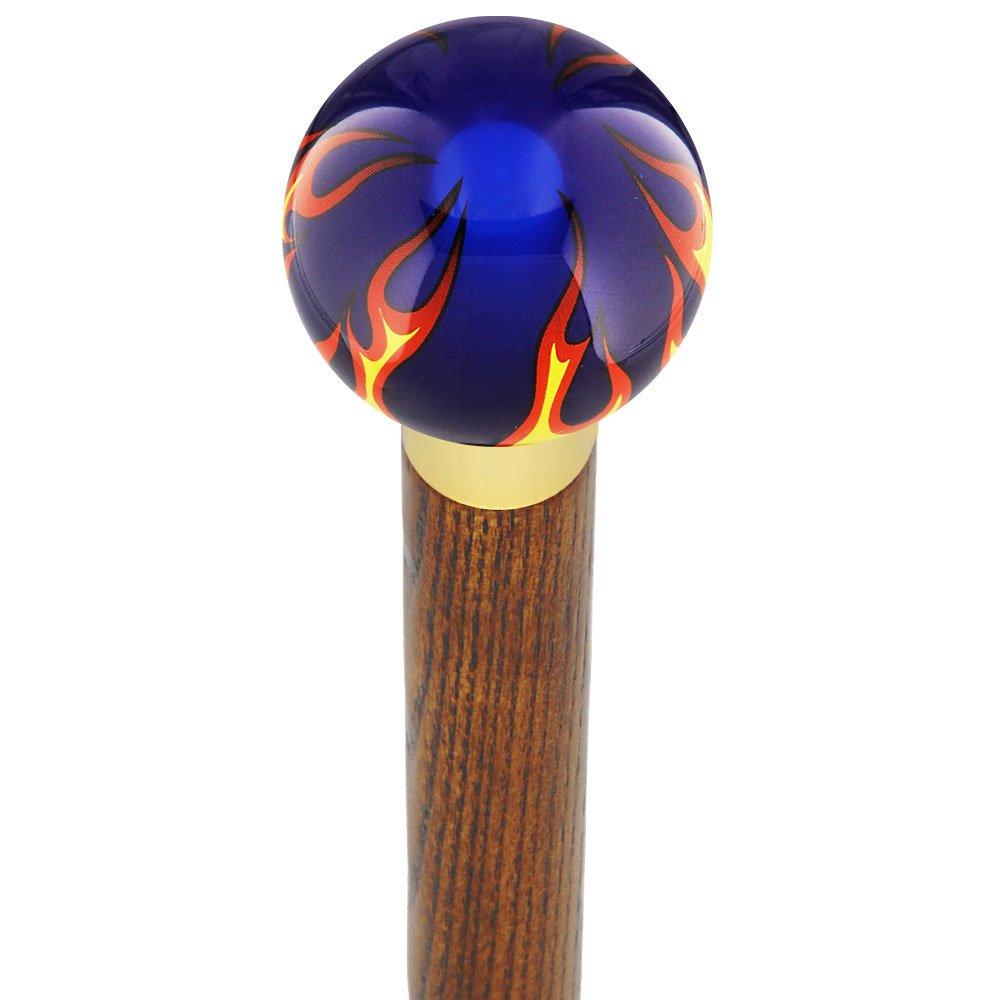 Burst of Flames Blue Transparent Round Knob Cane with Custom Wood Shaft & Collar - Premium Walking Stick for Seniors, Fashionable Mobility Aid for Hiking, Travel & Everyday Support
