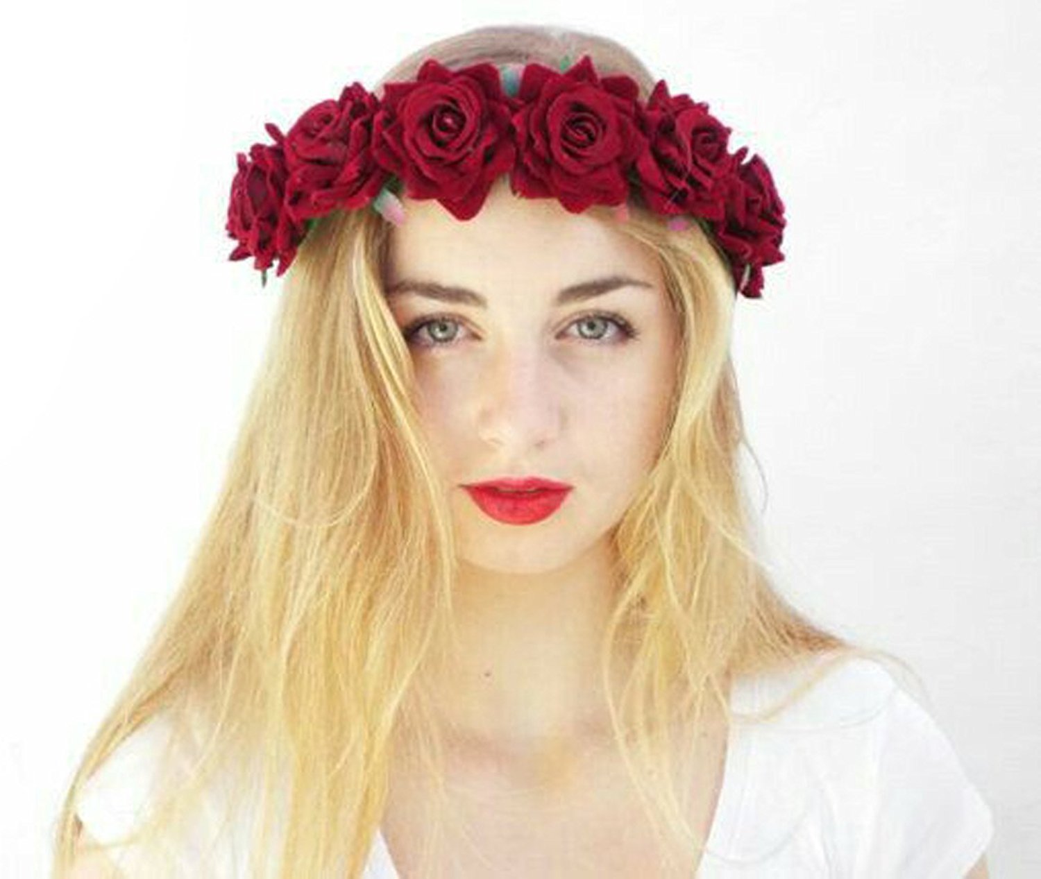 Floral Fall Rose Red Flower Crown - Woodland Hair Wreath Headband for Festival, Wedding, Boho Party (3-Red) | Perfect for Halloween, Cosplay, Photoshoots & Renaissance Fairs