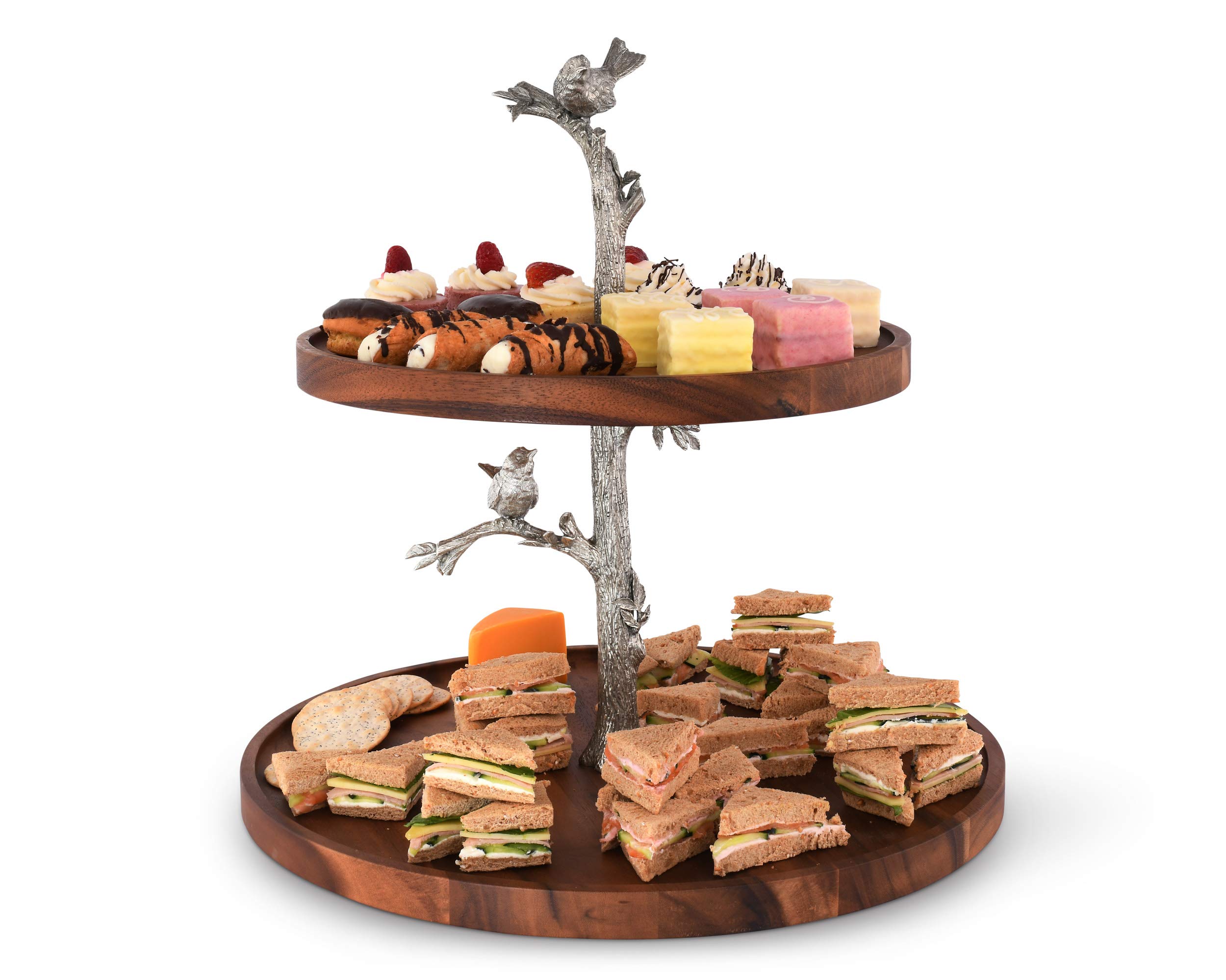 Vagabond House Pewter Song Bird Two-Tier Acacia Wood Serving Stand for Cheese, Desserts & Cupcakes - 18