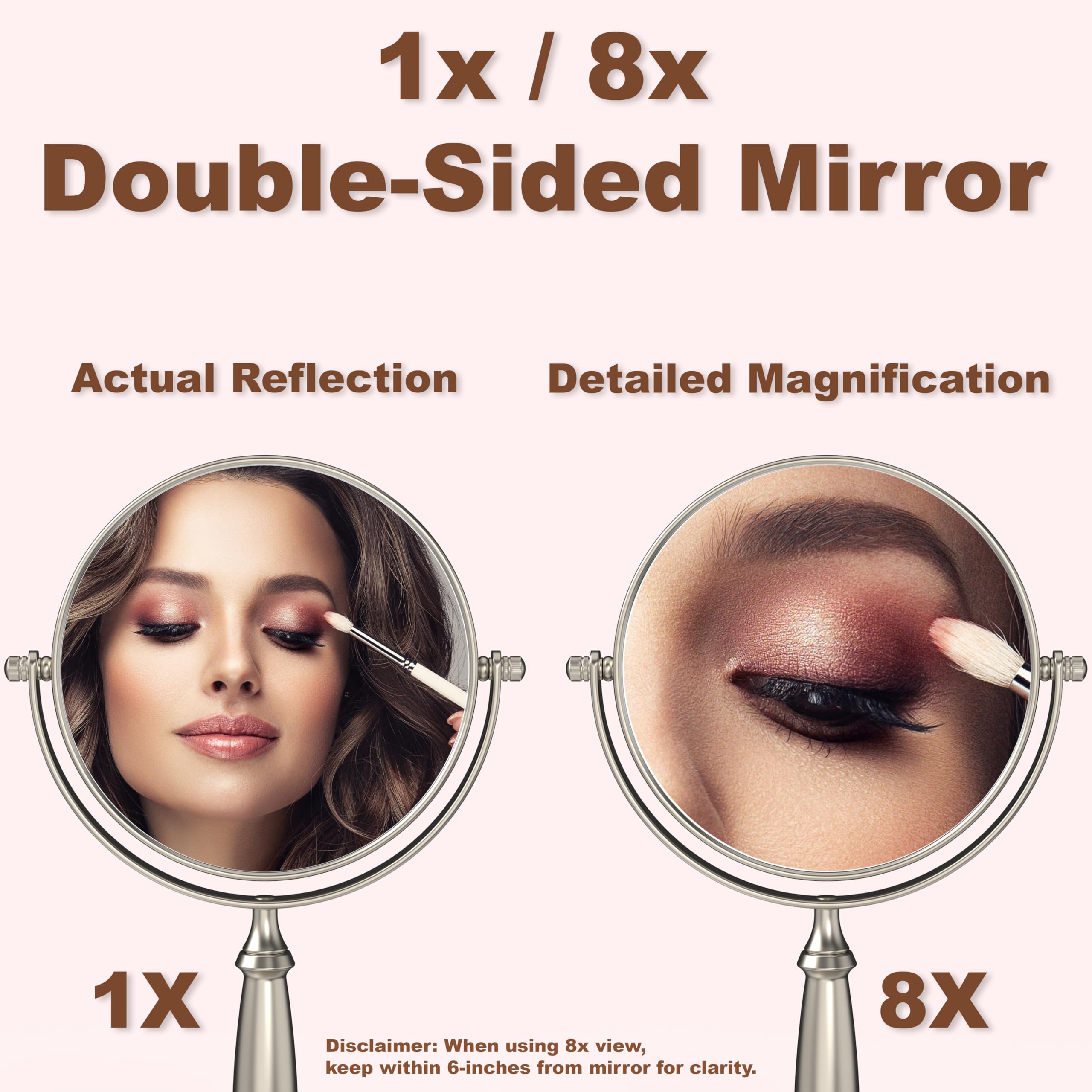 Deco Brothers 5.65-Inch Double Sided Vanity Mirror with Stand - 8X Magnification, Nickel Finish - Perfect for Makeup, Skincare & Grooming at Home or Salon