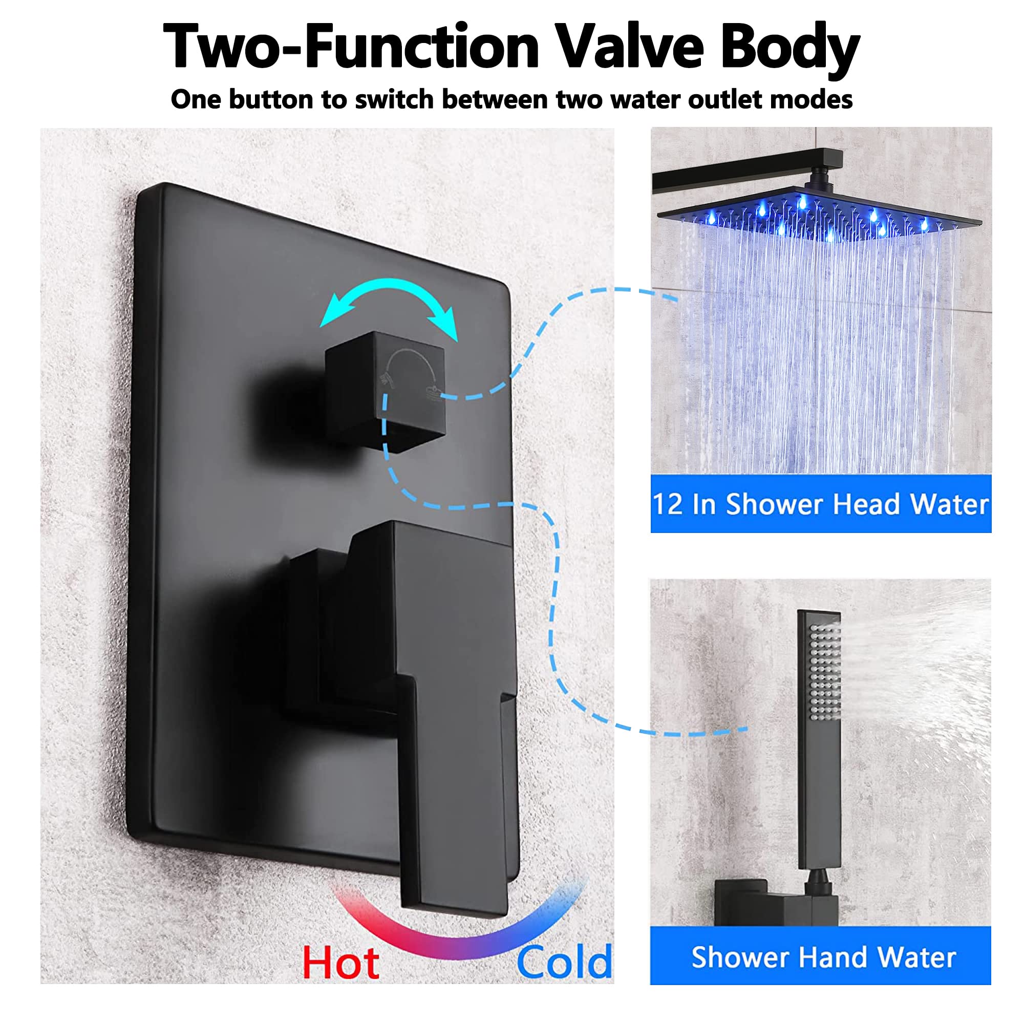 SKOWLL Matte Black Rainfall Shower Head Set - 12 Inch LED Shower System with 2-Function Valve Kit, Wall Mount Overhead Shower Faucet for Bathroom & Spa Experience | Modern Black Shower Head and Handle Combo