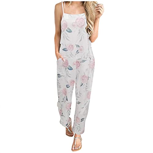 Women's Vintage Floral Print Linen Jumpsuit - Casual Sleeveless Baggy Overalls with Pockets | Perfect for Summer Outings, Music Festivals & Boho Style