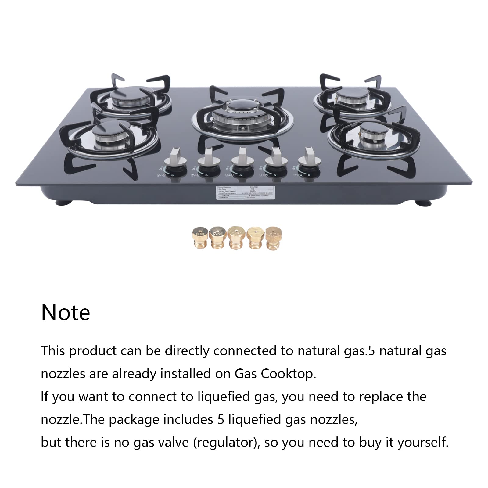 30 Inch 5 Burner Built-in Gas Cooktop with Tempered Glass & Cast Iron Grates - Thermocouple Protection for Safe Cooking - Perfect for Home Kitchen, Restaurant & Outdoor BBQ