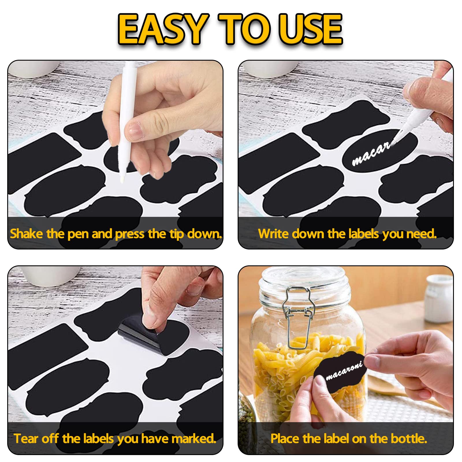 120pcs Reusable Chalkboard Labels for Containers - Waterproof Blackboard Stickers with White Chalk Marker | Perfect for Pantry Organization, Glass Jar Labeling & Coffee Cup Marking (Black Chalk Labels for Storage Bins)