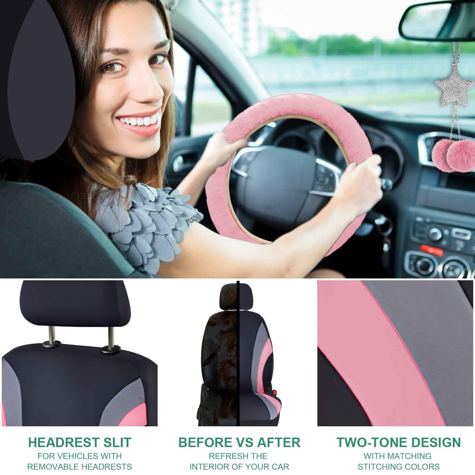 21-Piece Pink Car Seat Covers Set with Waterproof Floor Mats & Fluffy Steering Wheel Cover - Universal Fit for SUV, Sedan, Truck | Car Interior Protection & Style Upgrade for Women Drivers