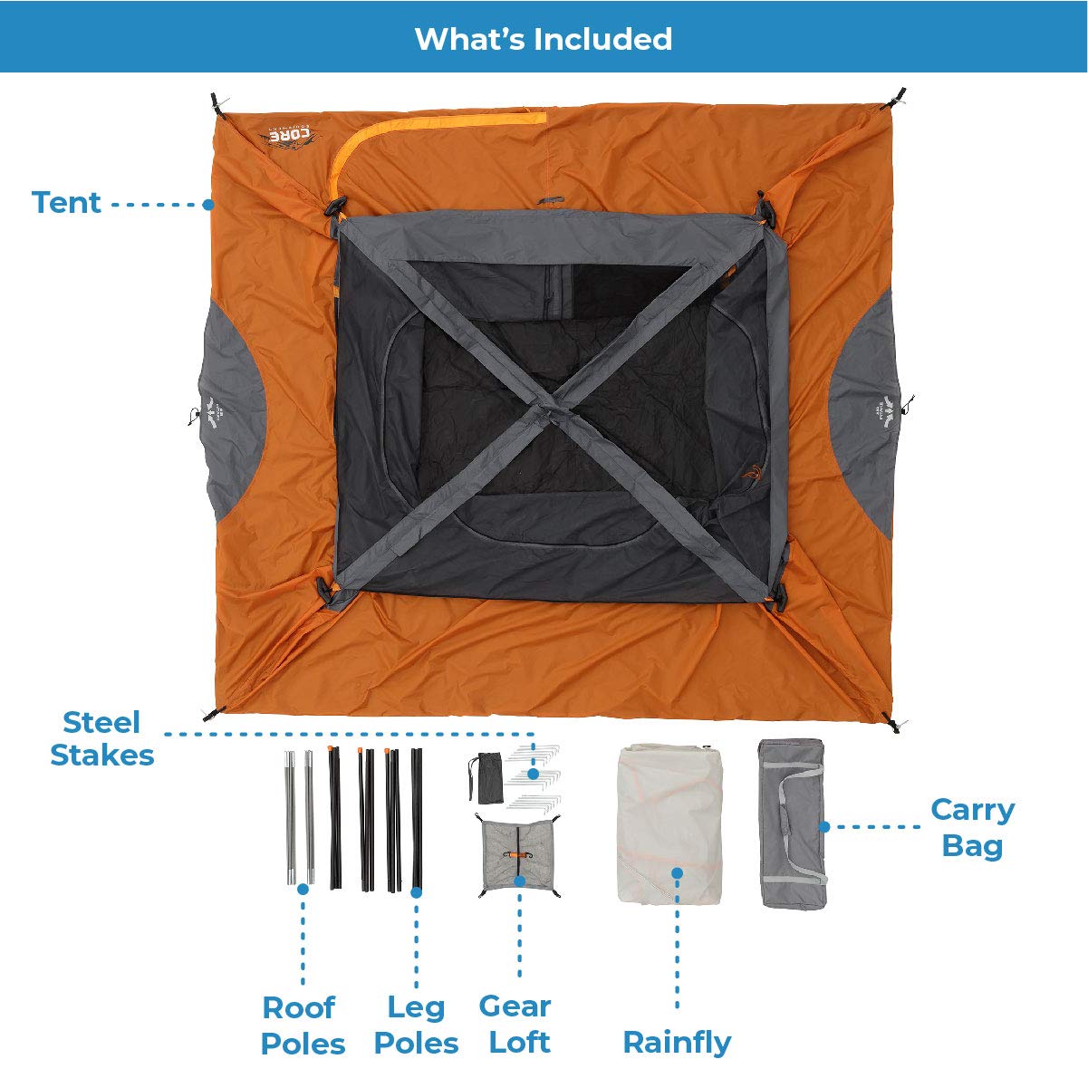 4 & 6 Person CORE Cabin Tent - Lightweight Portable Camping Tent with Carry Bag & Gear Loft Organizer | Perfect for Family Camping, Backpacking & Outdoor Adventures | Weather-Resistant for Car Camping & Music Festivals