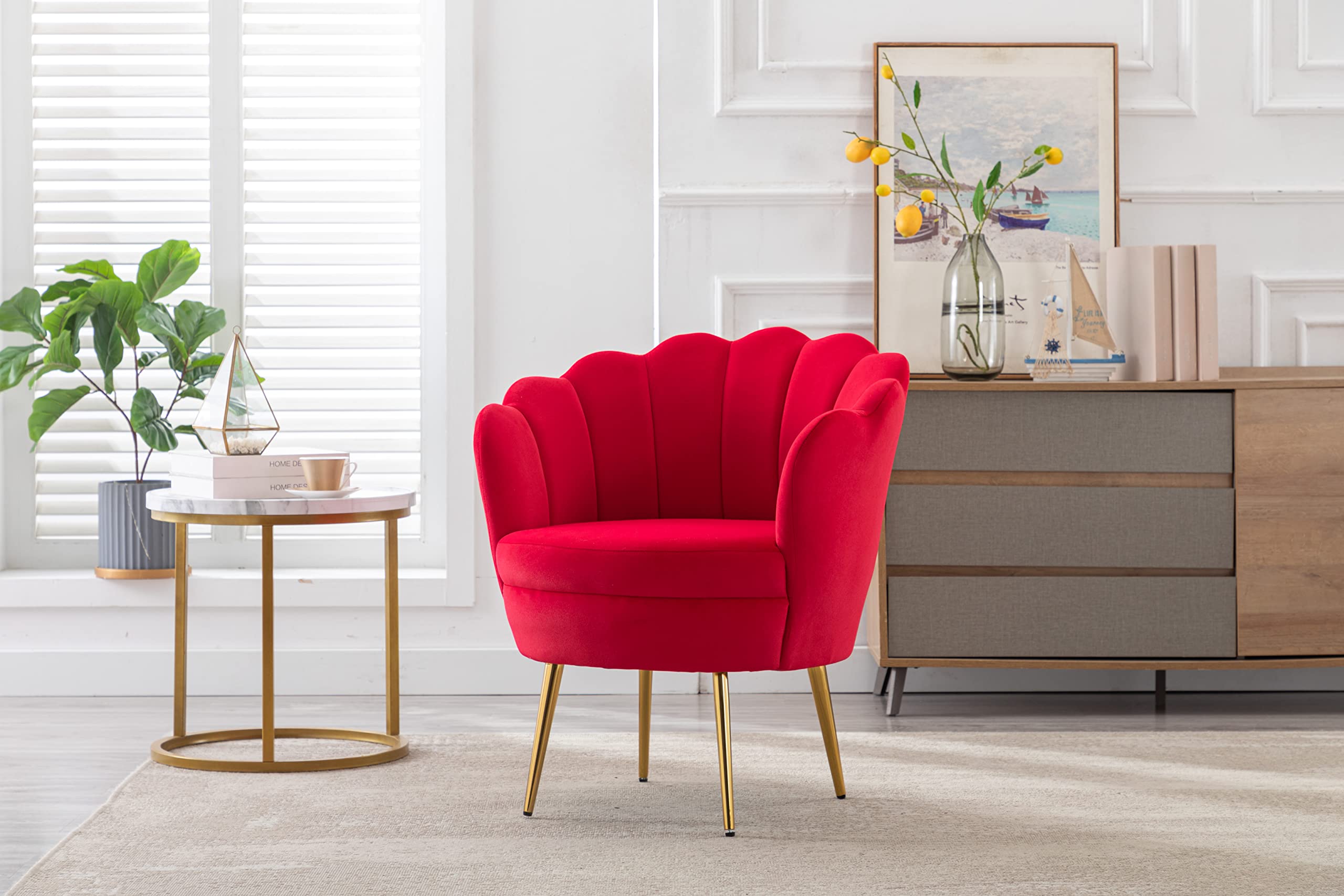 ZOBIDO Modern Velvet Accent Chair - Upholstered Armchair with Golden Metal Legs for Bedroom, Living Room & Dining Room | Comfy Makeup Vanity Chair & Stylish Desk Chair (Red)