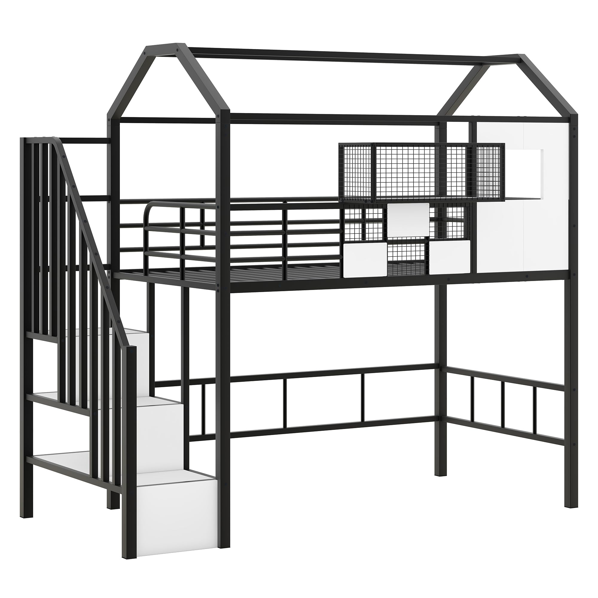 **Twin Size Loft Bed with Storage Stairs, Roof, Window & Guardrail – Metal House Loft Bed for Kids & Teens – Space-Saving Black Twin Loft Bed with Storage Box – Perfect for Small Rooms, Dormitories & Kids' Bedrooms**