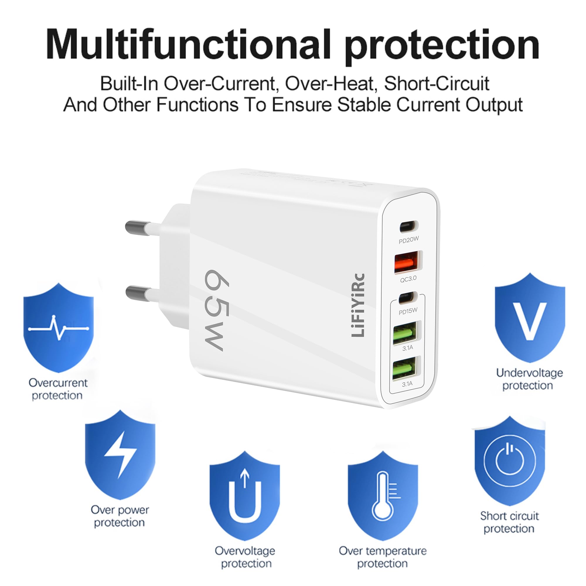 20W Fast Charger Block with 2 USB C & 3 USB A Ports - PD & QC3.0 Compatible for iPhone 15/14/13/12/11 Pro Max/XS/XR/X/SE, Samsung S22/S21/A13 - European Plug for Home, Office & Travel Charging