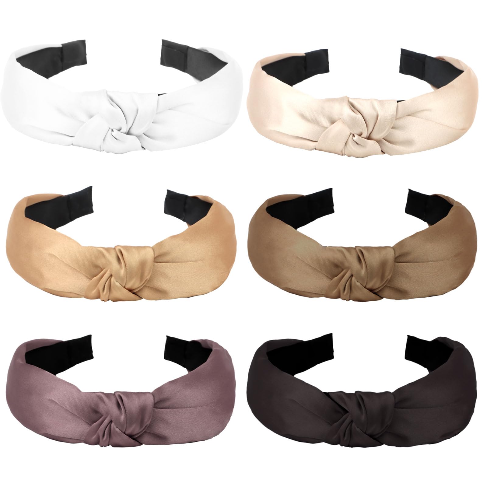 YISSION 6PCS Knotted Satin Headbands for Women - Non-Slip Fashion Hair Accessories in Black, White & Neutral Colors | Perfect for Workouts, Yoga, and Everyday Styling