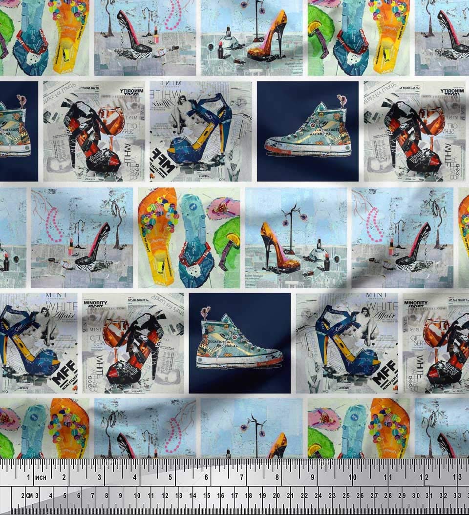 Soimoi Blue Silk Fabric by The Yard - 42 Inch Wide - Printed Fashionable Footwear-Inspired Designs for Slippers, Shoes & High Heels - Perfect for DIY Patchwork, Glam Costumes & Home Decor Projects