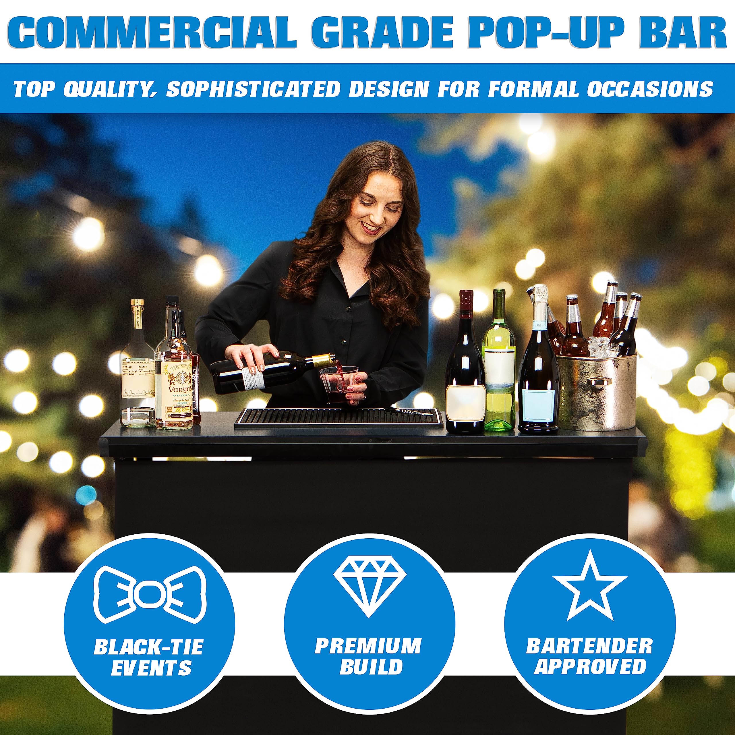 GoBar PRO Commercial Grade Portable Bar Table - Mobile Bartending Station for Weddings, Parties & Events - Includes Black Skirt & Carry Case - Standard or LED Light Options (45