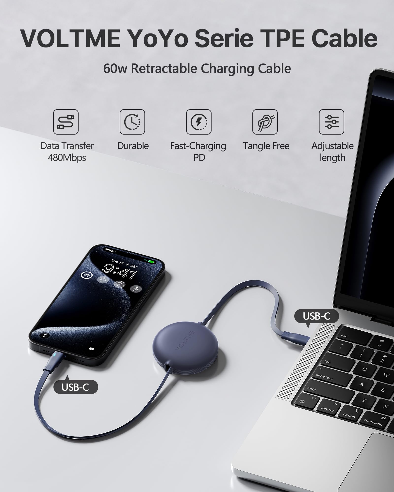 VOLTME 60W USB C to USB C Fast Charging Cable (3.3ft) - Retractable Type C Cable Compatible with iPhone 15, MacBook Pro, iPad Pro/Air, Galaxy S24+/Ultra - Perfect for Travel, Office & Home Charging (Blue)