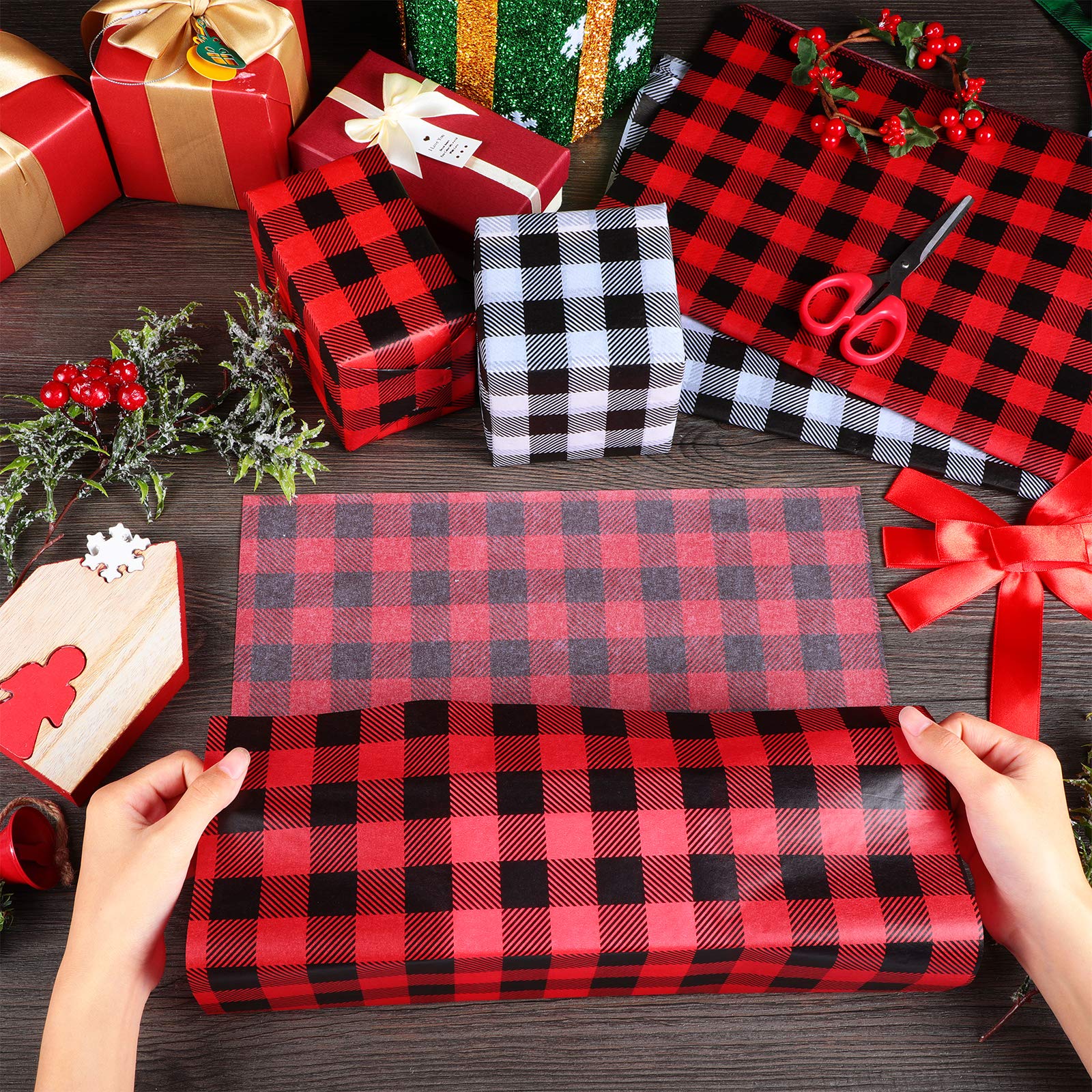 Zonon 100-Piece Christmas Tissue Paper - Buffalo Plaid Check Wrapping Sheets in Red/Black & Black/White Patterns for DIY Holiday Gifts | Perfect for Christmas Presents, Party Decorations & Craft Projects
