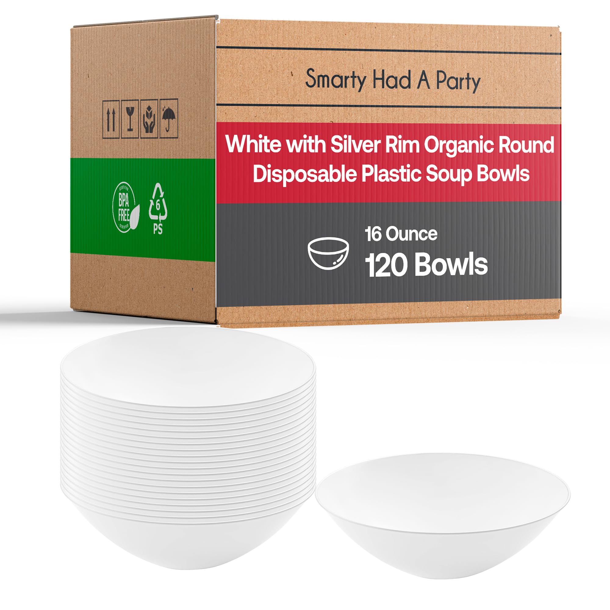 Eco-Friendly Disposable Plastic Plates with Elegant Rim Design - Bulk Round Dinnerware for Wedding, Birthday Party & Special Events (White & Silver, 16oz Soup Bowls, Pack of 120) - Perfect for Catering, Picnics & Outdoor Gatherings