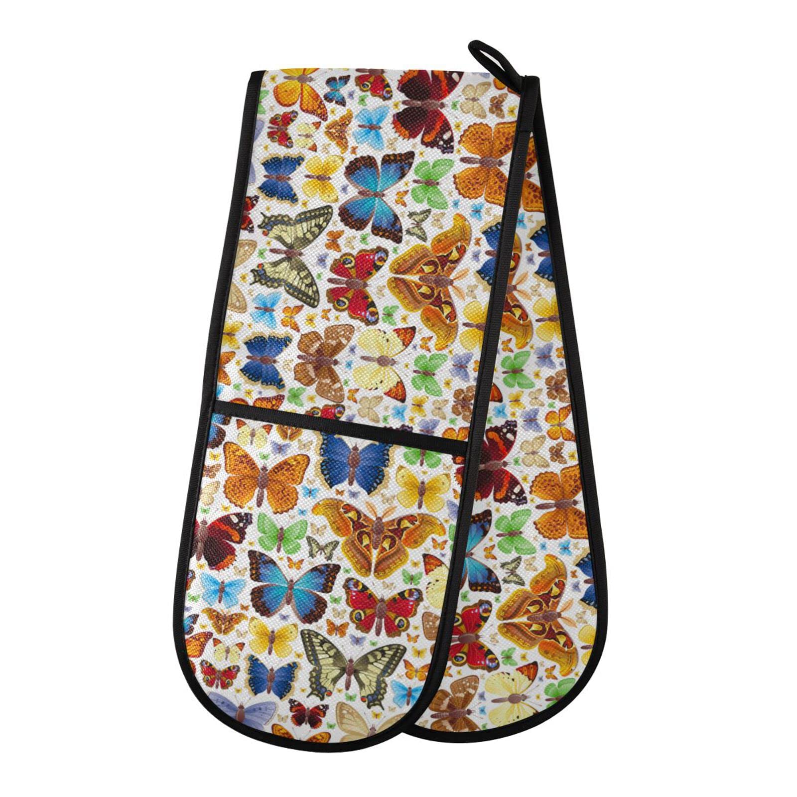 Heat Resistant Double Oven Mitts - Colorful Butterfly & Animal Print Quilted Cotton Cooking Gloves for Baking, Grilling & Handling Hot Pans (35x7in) - Perfect for Kitchen, BBQ & Outdoor Cooking - Easy to Clean & Insulated Protection