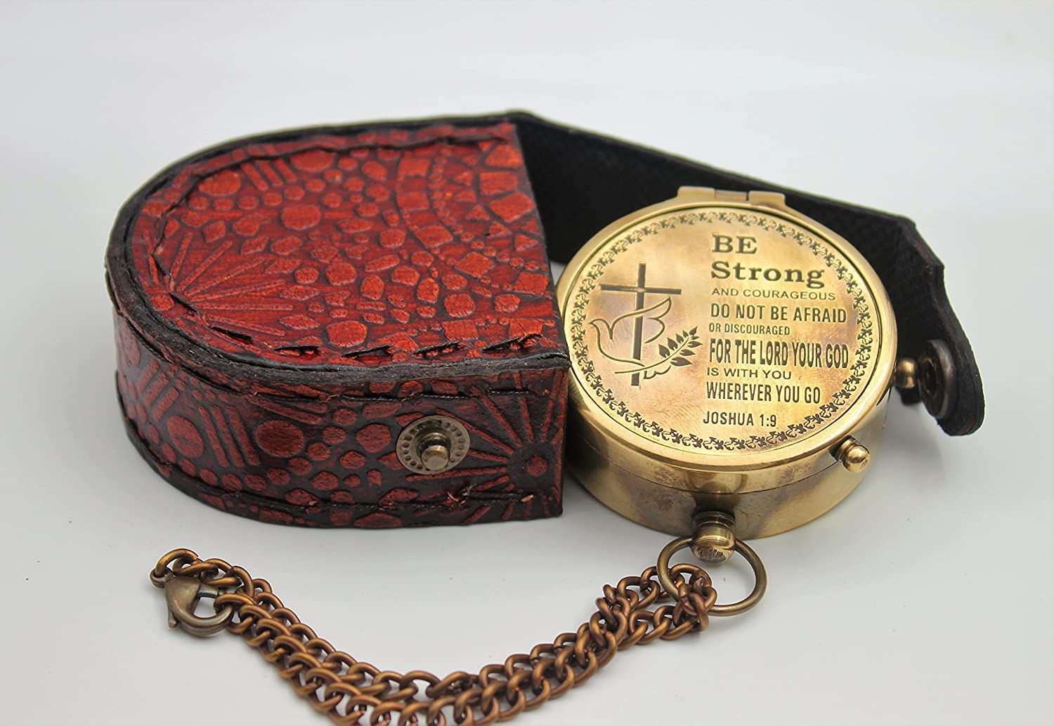 Vintage Antique Nautical Compass with Leather Case - Engraved 'Be Strong & Courageous' by Allory Tech - Perfect for Outdoor Adventures, Hiking, Camping & Nautical Decor