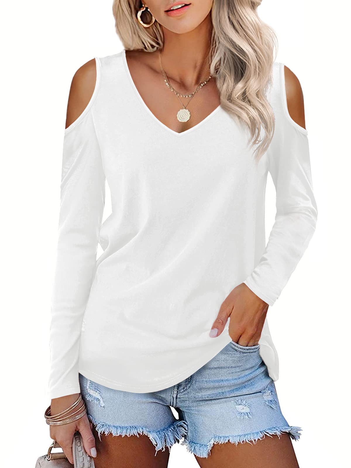 Amoretu Women's Long Sleeve Cold Shoulder Tops - V Neck Casual T-Shirt for Women | Perfect for Date Night, Office Wear & Weekend Outfits