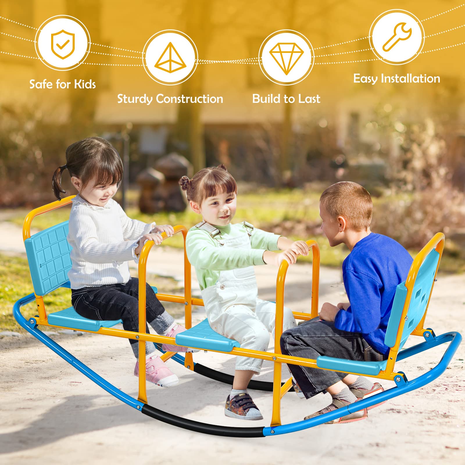 Costzon 2-in-1 Metal Teeter Totter Seesaw for Kids Ages 3-8 - Outdoor Rocking Toy with Easy-Grip Handles for 1-3 Toddlers - Durable Preschool Backyard & Indoor Play Equipment - Perfect Birthday Gift for Boys & Girls - Ideal for Backyards, Parks, Daycares and Playrooms