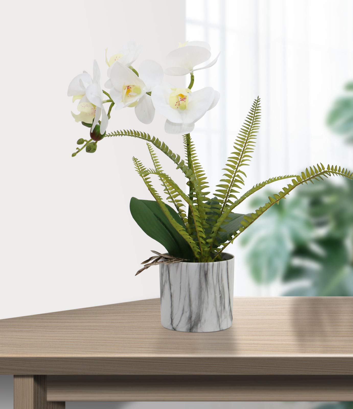 Olrla White Orchid Artificial Flowers in Pot - Real Touch Fake Orchid Plants for Home Decor, Kitchen, Bathroom, Office & Wedding Centerpieces - Lifelike Silk Floral Arrangement for Tabletop Decorations (White, 1 Pack)
