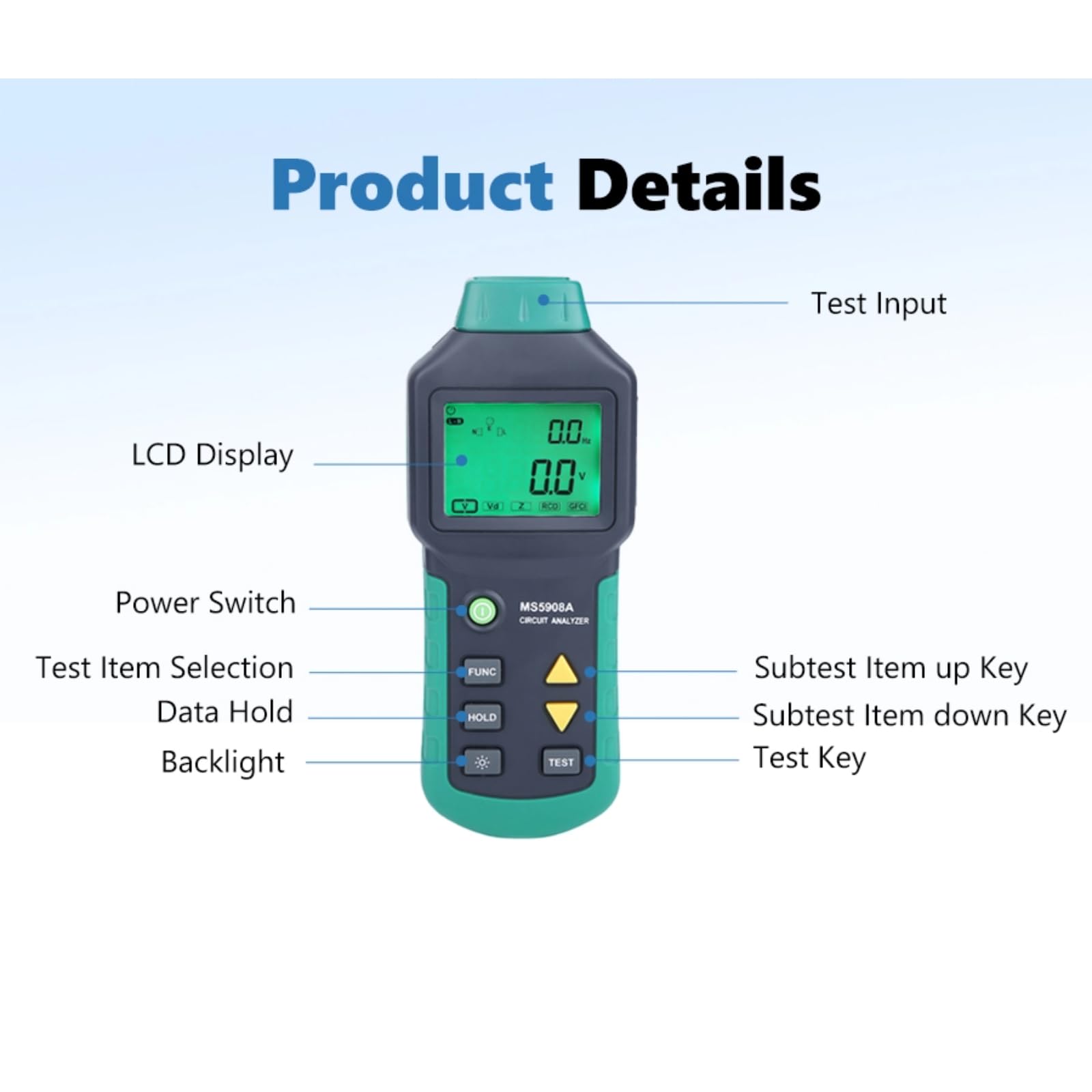 **MS5908A Circuit Analyzer Tester - AC 100-240V RMS Voltage Detector, GFCI/RCD Fault Tester with LCD Display (US Plug) - Perfect for Electricians, DIY Home Repairs & Electrical Safety Testing**