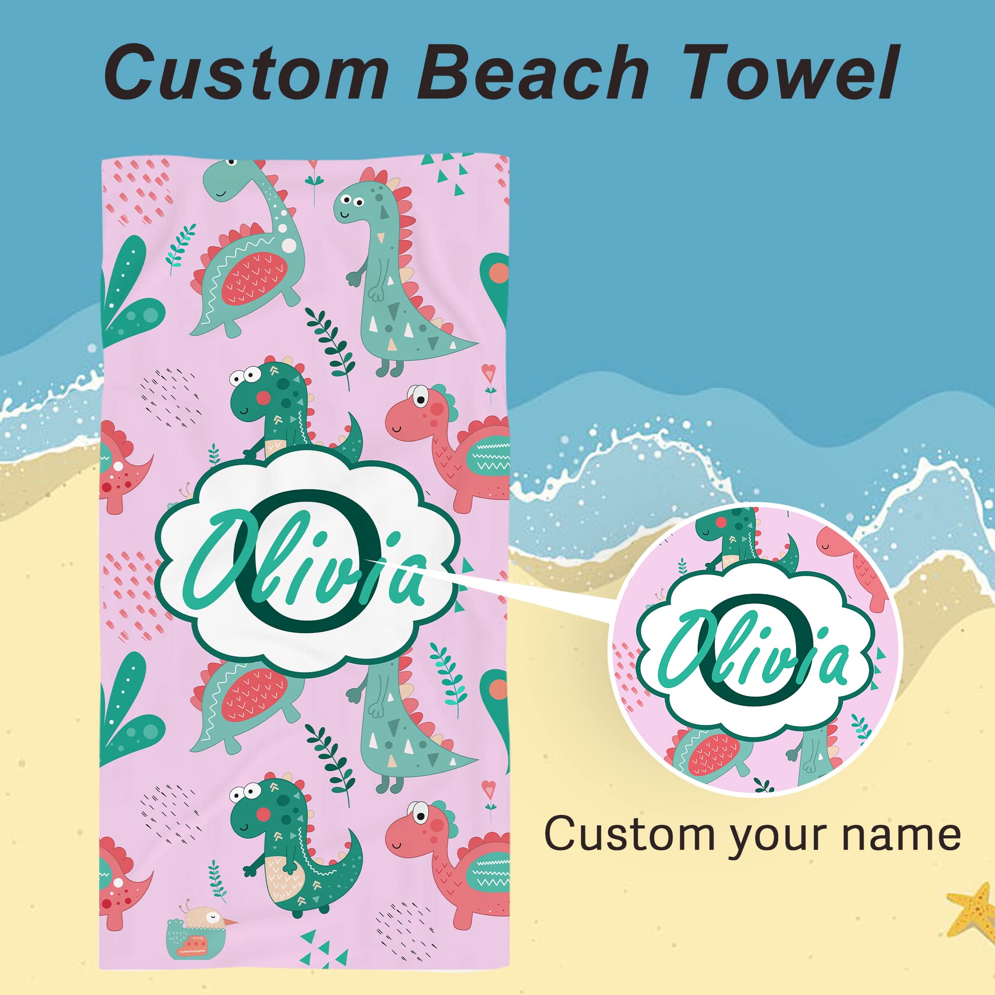 Custom Monogrammed Kids Beach Towels for Girls - Personalized Name, Quick-Dry Super Soft Absorbent Cotton - Perfect for Pool, Beach, Swim & Bath - Ideal Birthday Gift for Toddlers & Children