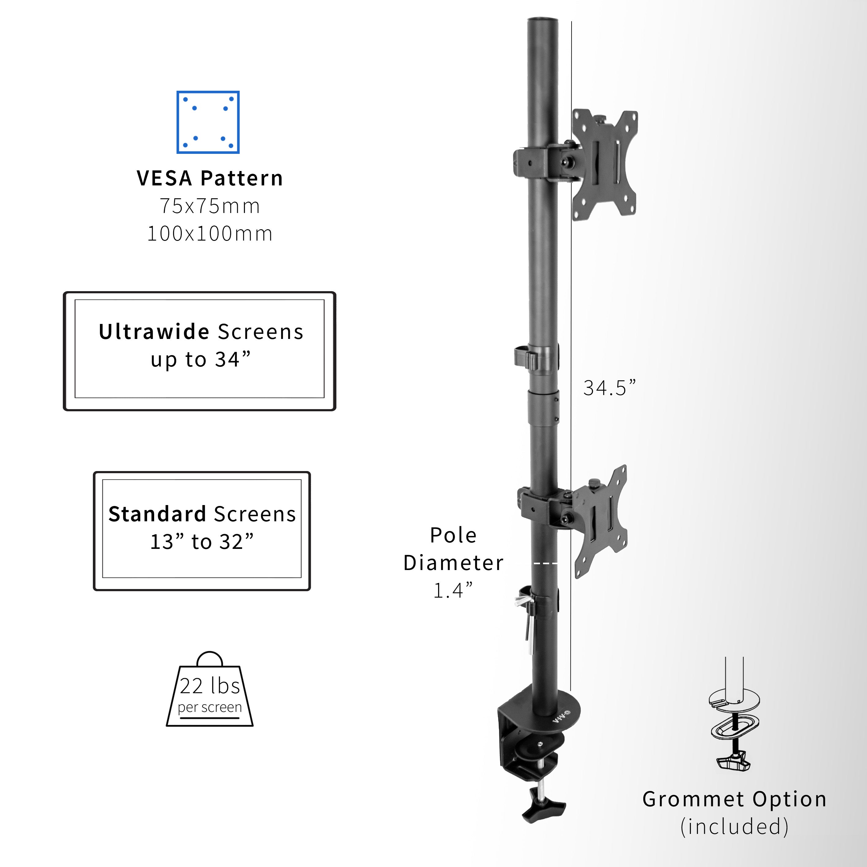 Dual Monitor Desk Mount Stand for 2 Screens up to 34 Inches - Heavy Duty Adjustable VESA Bracket for Home Office & Gaming Setup