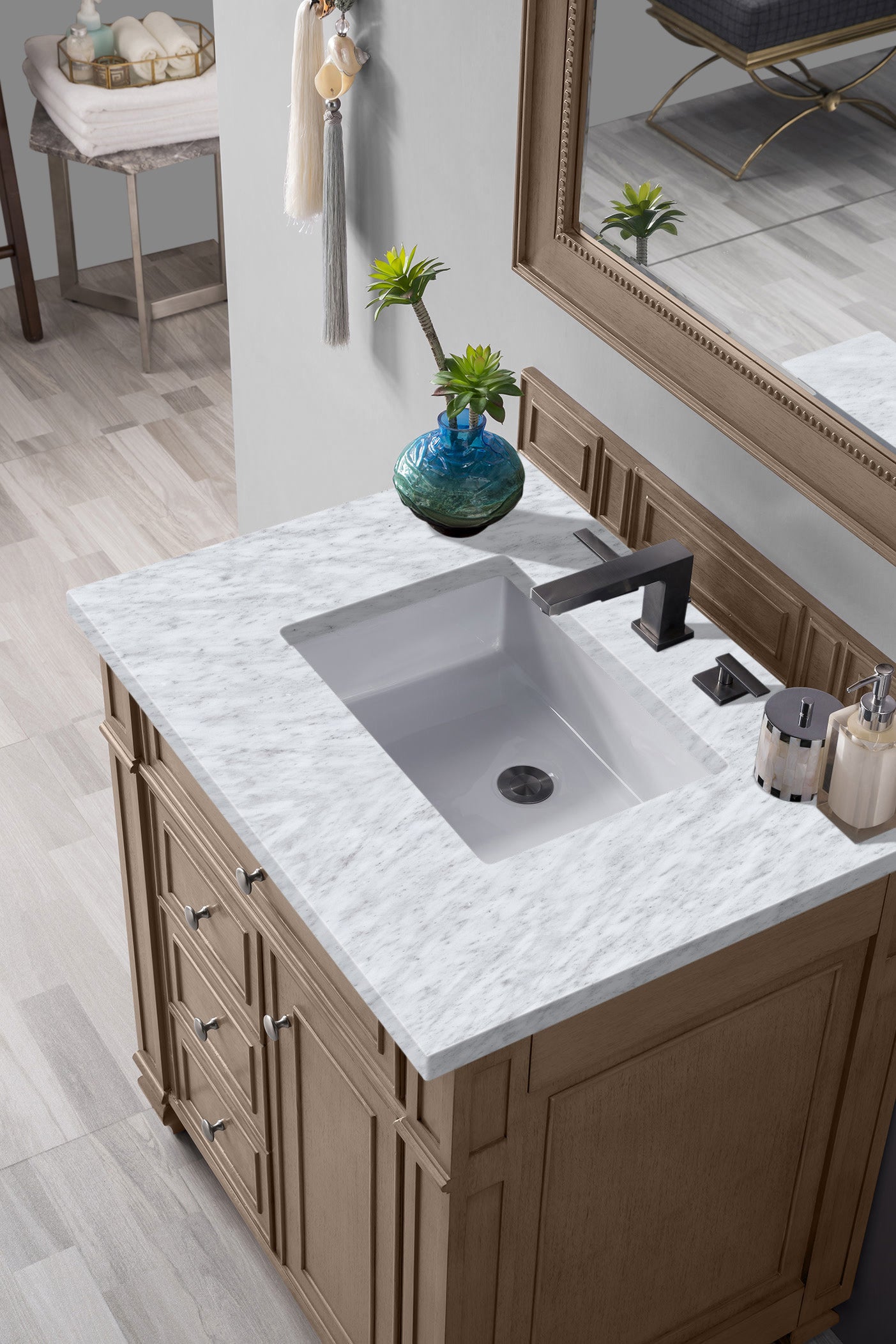 Bristol 30-Inch Single Bathroom Vanity Set - Whitewashed Walnut Finish with 3CM Carrara Marble Countertop | Perfect for Modern Farmhouse & Coastal Bathroom Designs