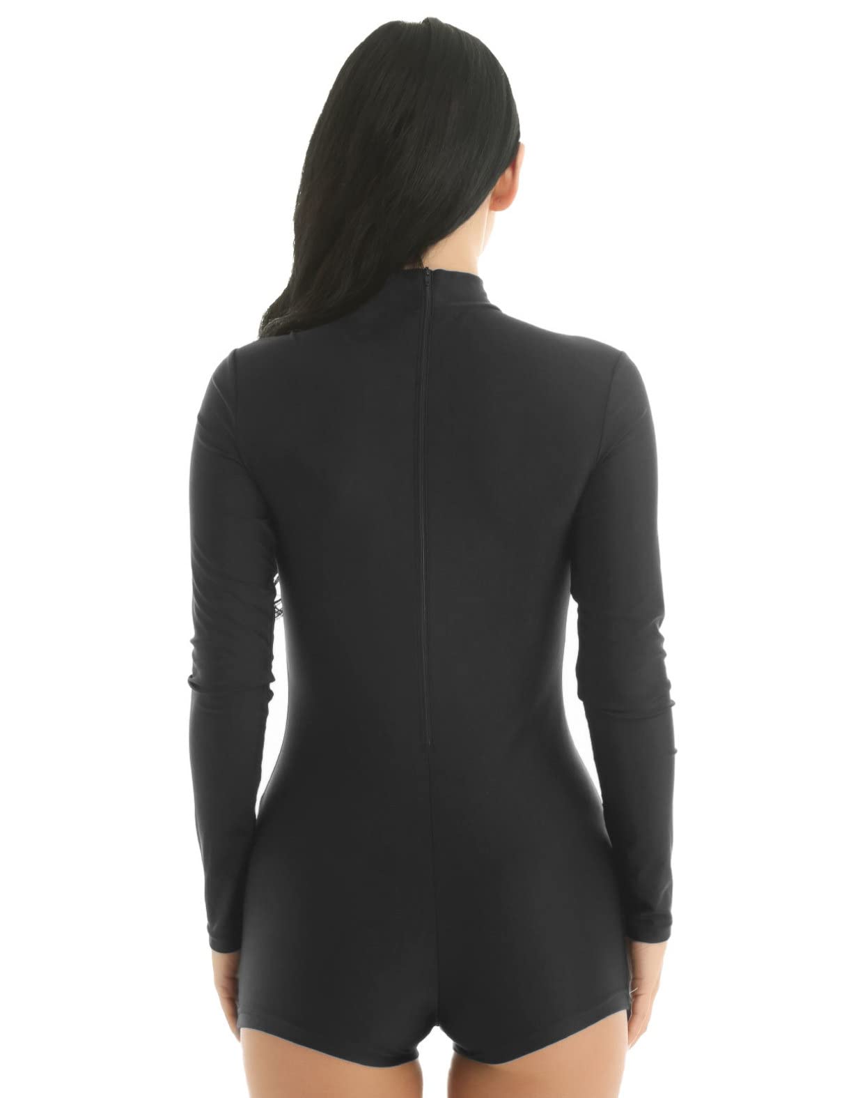 iiniim Women's Dance Biketard - Mock Neck Gymnastics Leotard with Boyshorts & Long Sleeves - Stretchy Bodysuit for Ballet, Yoga, Workouts & Performance (Black/Red)