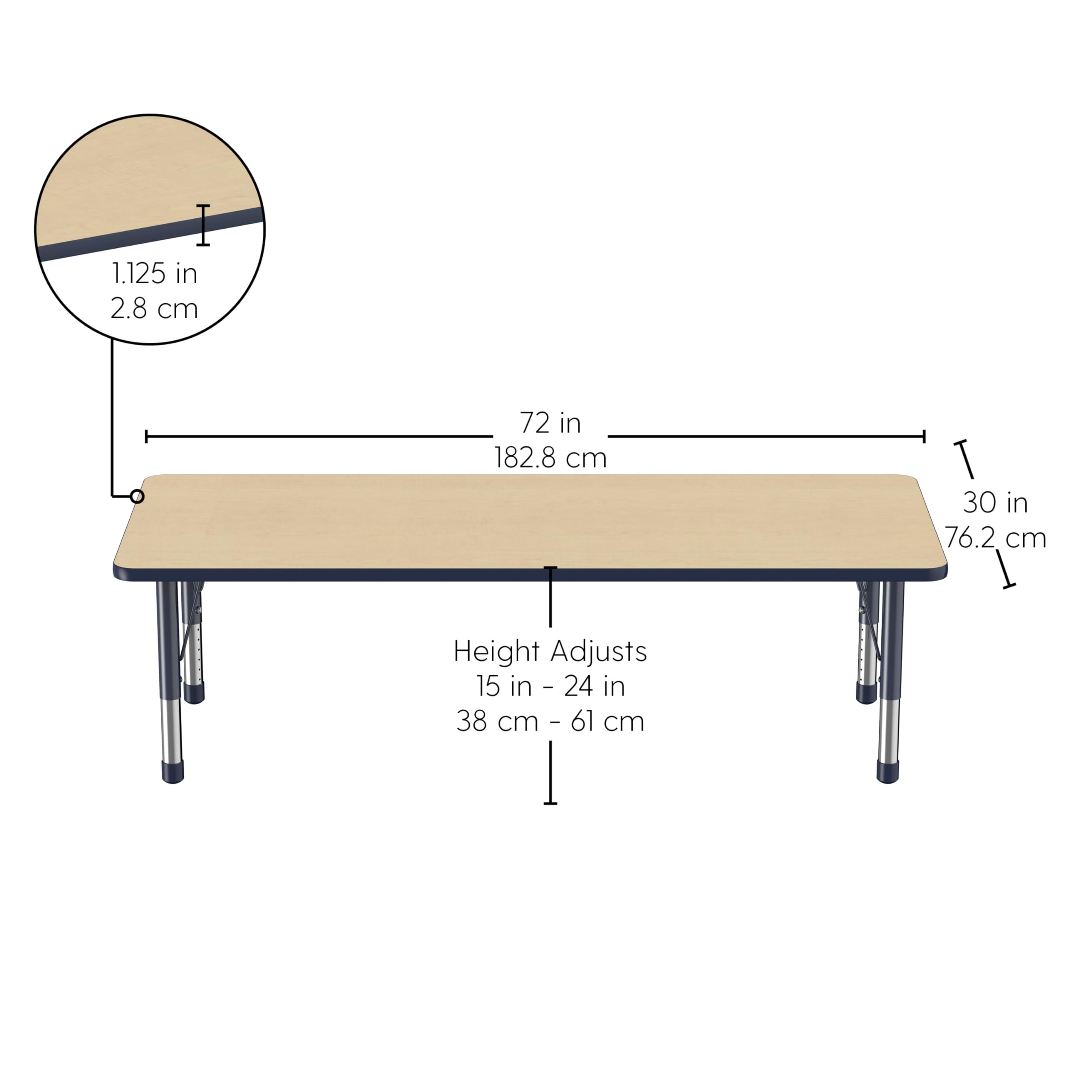 Adjustable Height Kids Activity Table 30x72 Inch - Rectangle School & Classroom Table for Toddlers with Chunky Legs, Maple Top & Navy Edge - Perfect for Preschool, Daycare & Home Learning