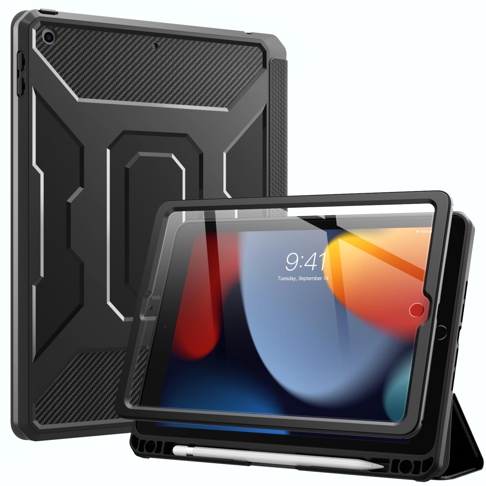 MoKo Shockproof Case for iPad 10.2-inch (9th/8th/7th Generation 2021/2020/2019) - Built-in Screen Protector & Apple Pencil Holder, Auto Sleep/Wake Full Body Protective Cover - Perfect for Work, School & Travel (Black)