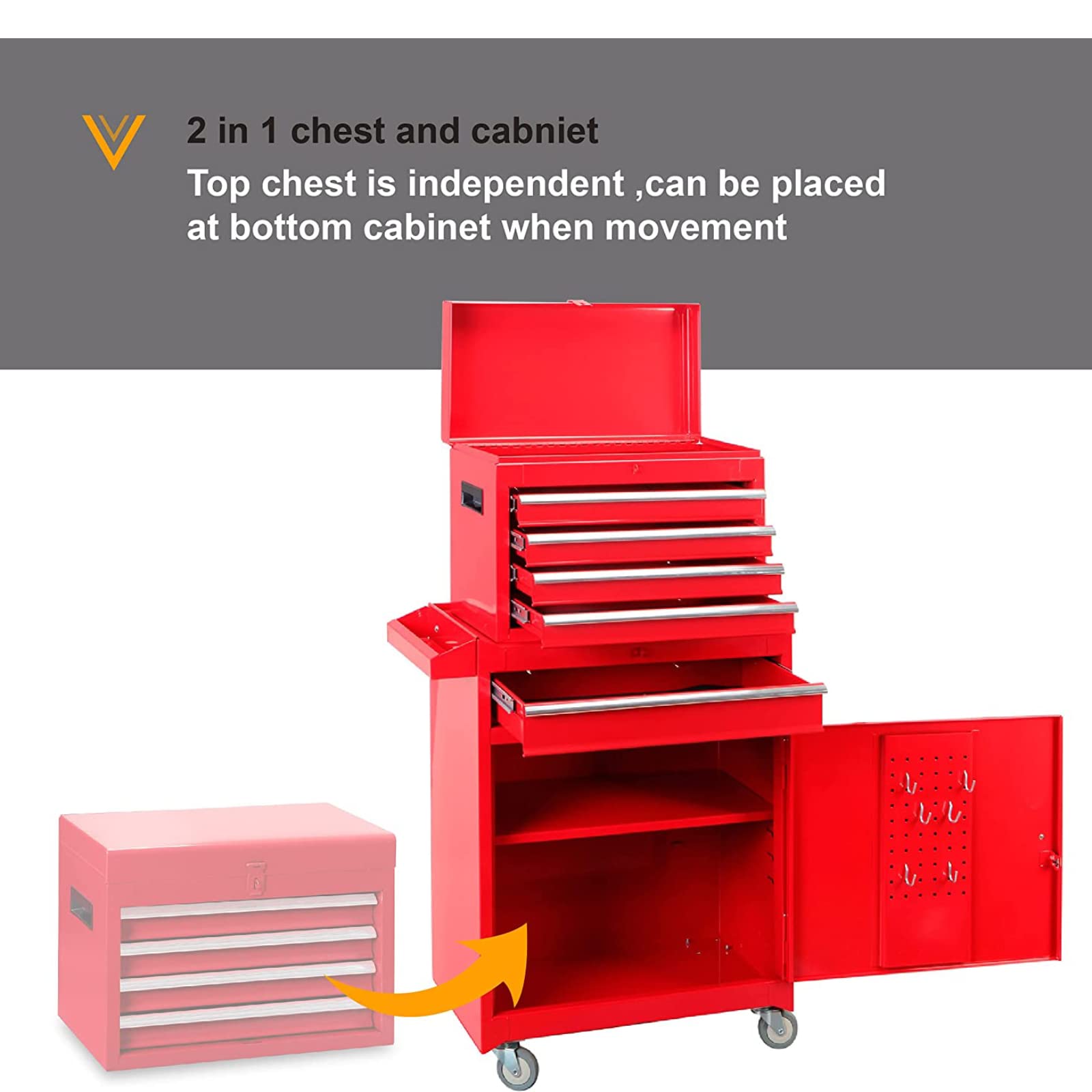 TCE ATBT1204T-RED Torin 4-Drawer Rolling Tool Chest with Detachable Storage Cabinet & Adjustable Shelf - Heavy Duty Garage Workshop Organizer (Red) - Perfect for Mechanics, DIY Enthusiasts & Home Improvement Projects