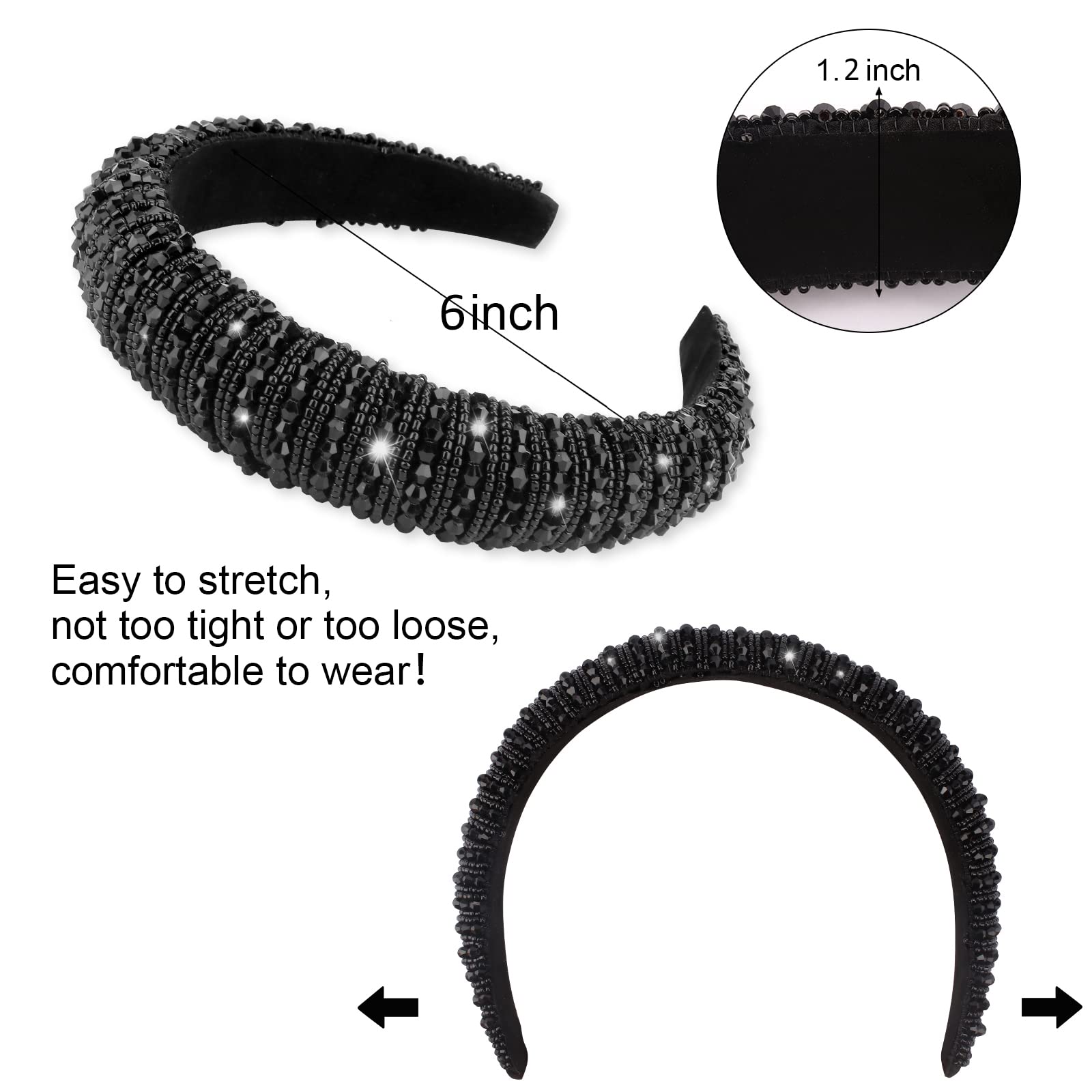 Sparkling Rhinestone Headband for Women - Elegant Crystal Beaded Hair Band with Padded Comfort, Fashionable Bling Accessory for Parties, Weddings & Halloween Gifts (Black) | Perfect Hair Accessory for Women & Girls