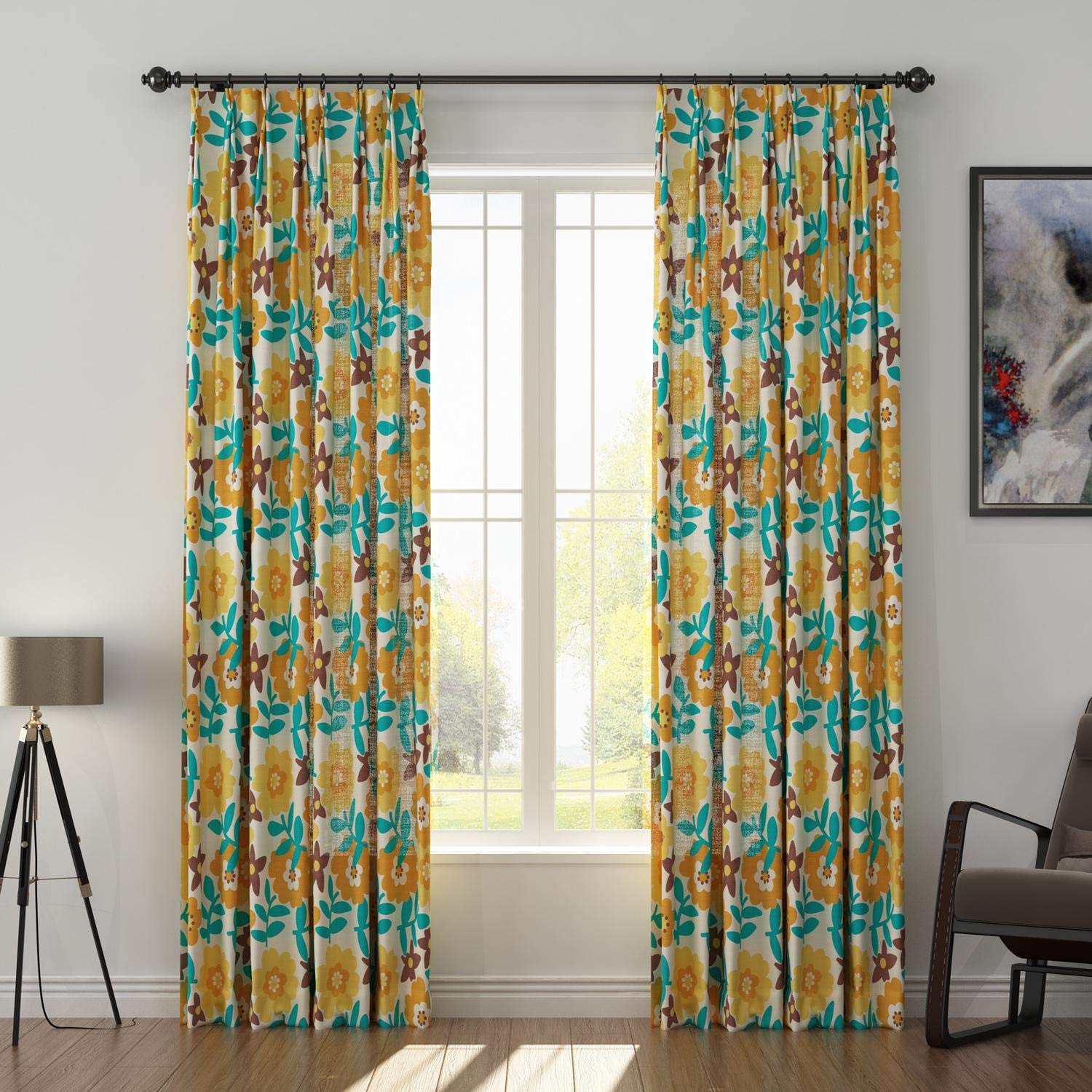 Drapifytex Light Reducing Floral Linen Curtain - 102 Inch Length Pinch Pleat Window Drapes for Living Room & Bedroom - Yellow Green 1 Panel - Perfect for Sun Protection & Home Decor