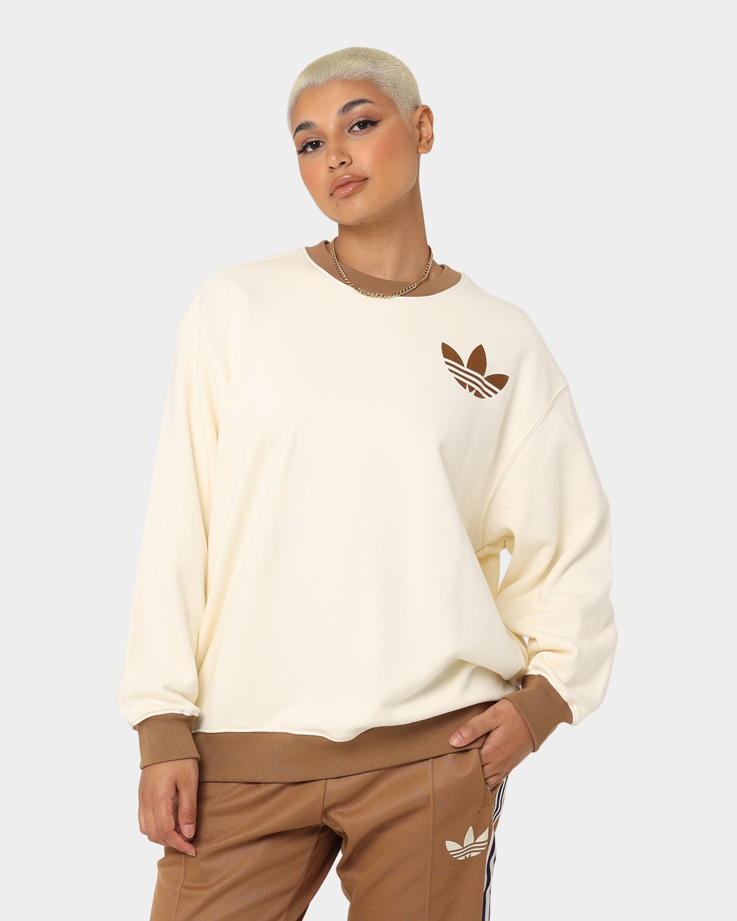 Adidas Adicolor Women's Crewneck Sweatshirt - Soft Cotton Pullover Hoodie in Cream White | Casual Streetwear & Gym Essentials for Women
