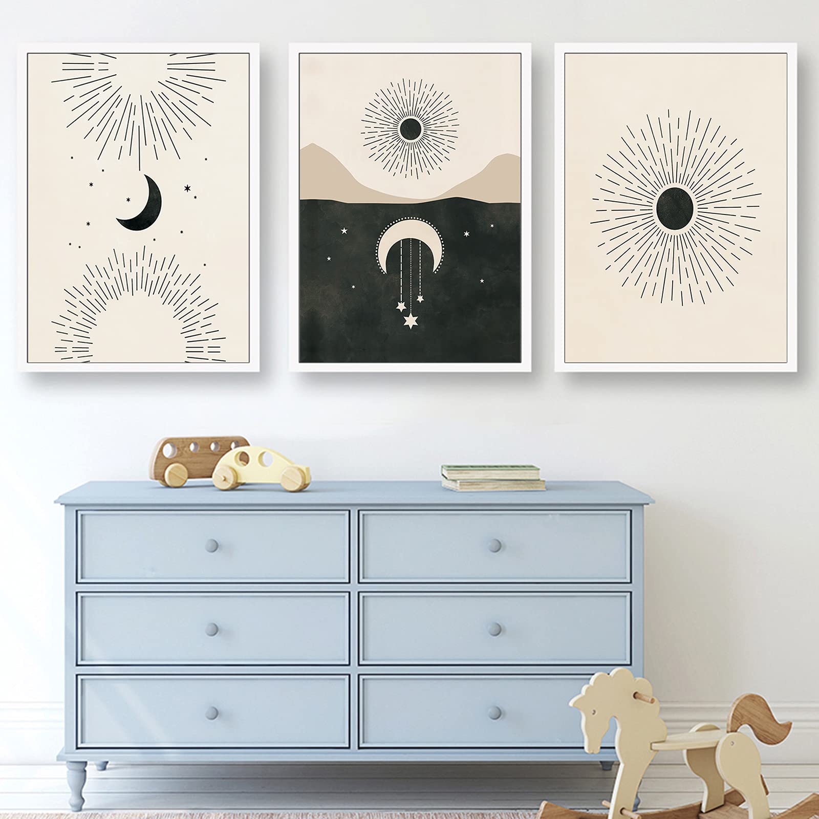 Abstract Line Wall Art Print Set of 3 - Boho Sun Moon Stars Minimalist Poster 12x16 Inch Unframed - Modern Living Room Decor, Bedroom Wall Art, Office Aesthetic