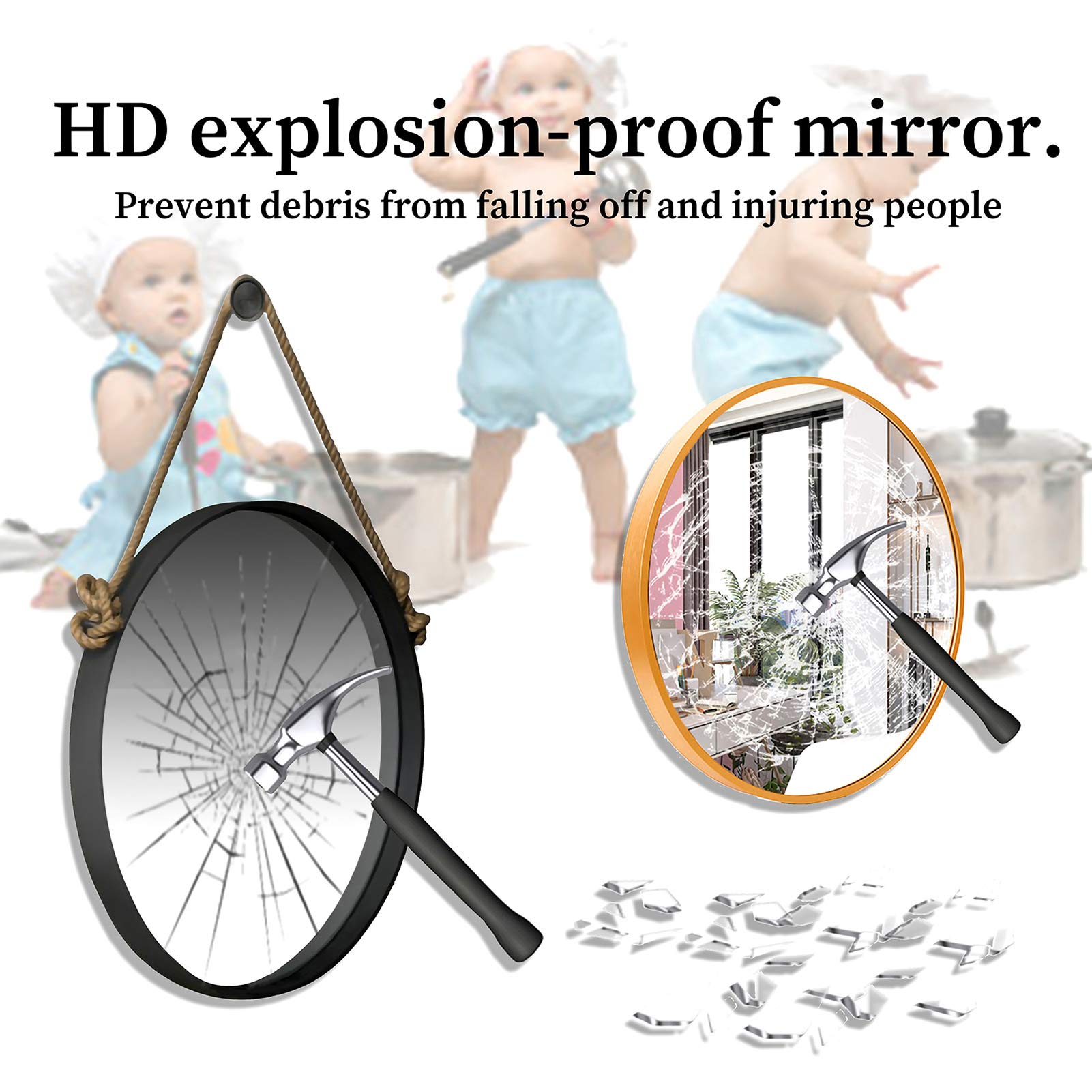 Round Black Metal Framed Wall Mirror with Hemp Rope Hanging Strap - Contemporary Vanity Mirror for Bathroom, Bedroom & Makeup Area | Elegant Home Decor & Functional Wall Art