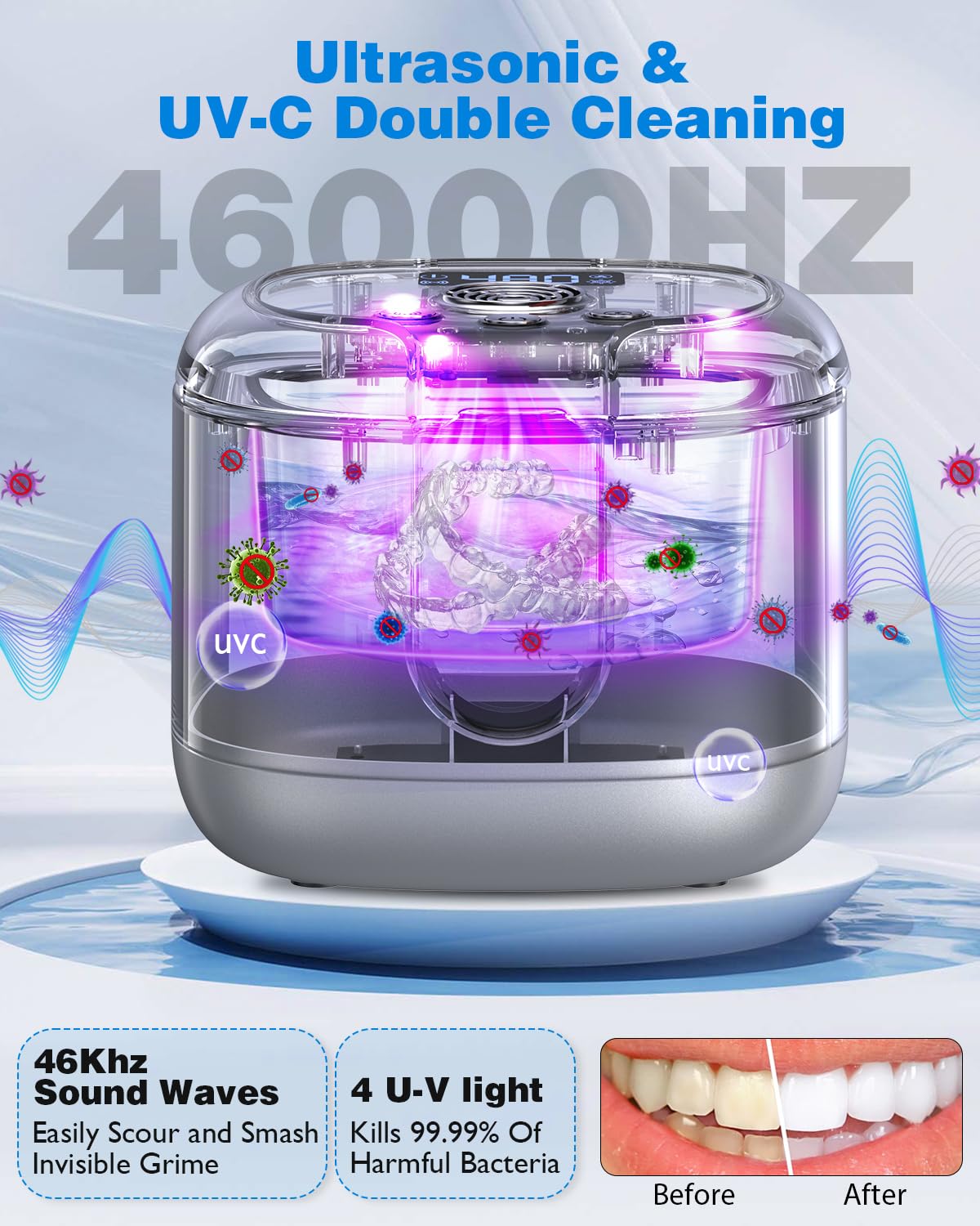 Widit Ultrasonic Retainer Cleaner with UV Light & Drying Function, 46kHz Sonic Cleaning Machine - 4 Modes & Digital Timer for Dentures, Mouth Guards, Braces, Aligners, Jewelry - Perfect for Daily Dental Care & Jewelry Cleaning at Home