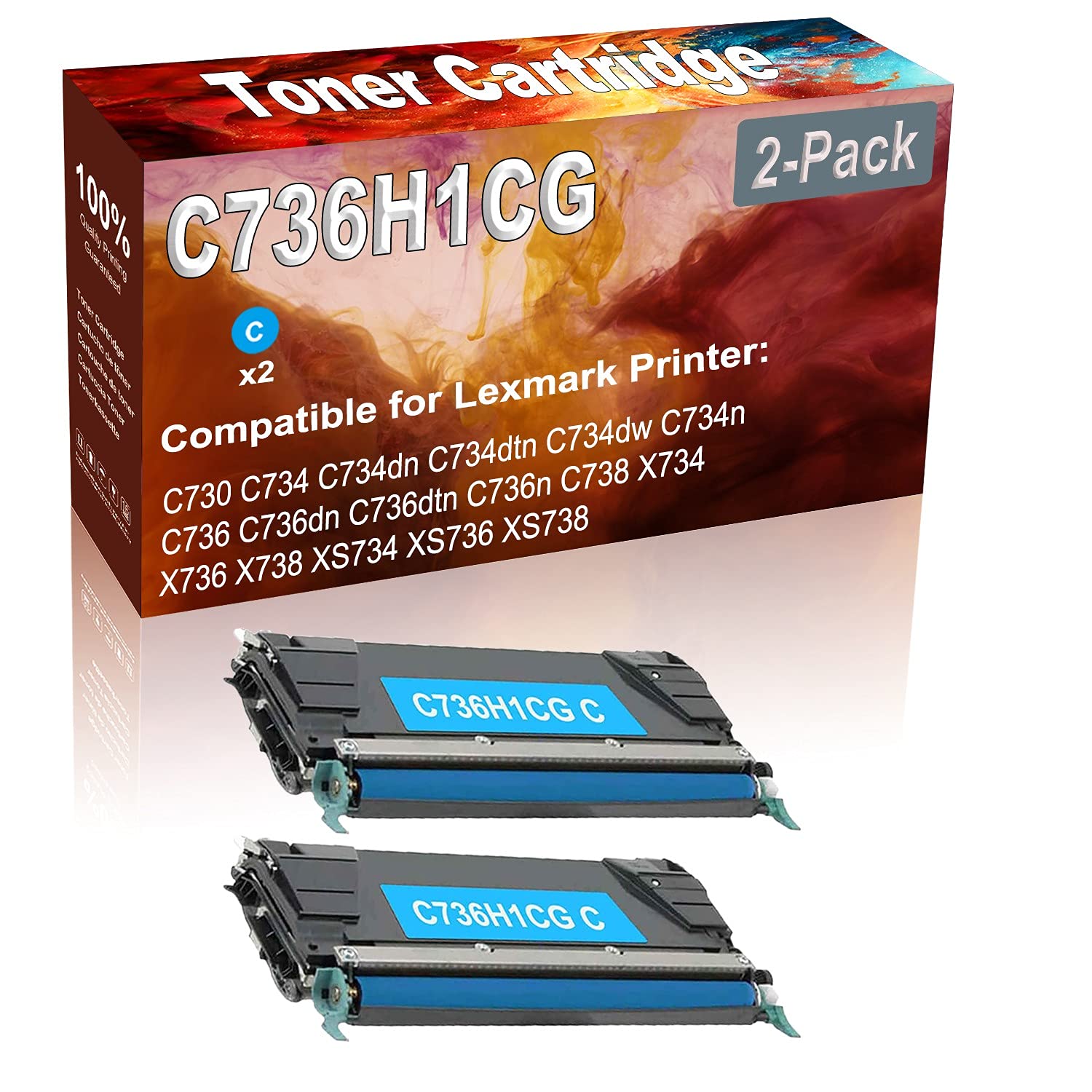 2-Pack High Capacity Cyan Laser Printer Toner Cartridge - Compatible with C734/C734dn/C734dtn Printers, Replacement for C736H1CG - Perfect for Office Printing & High-Volume Documents