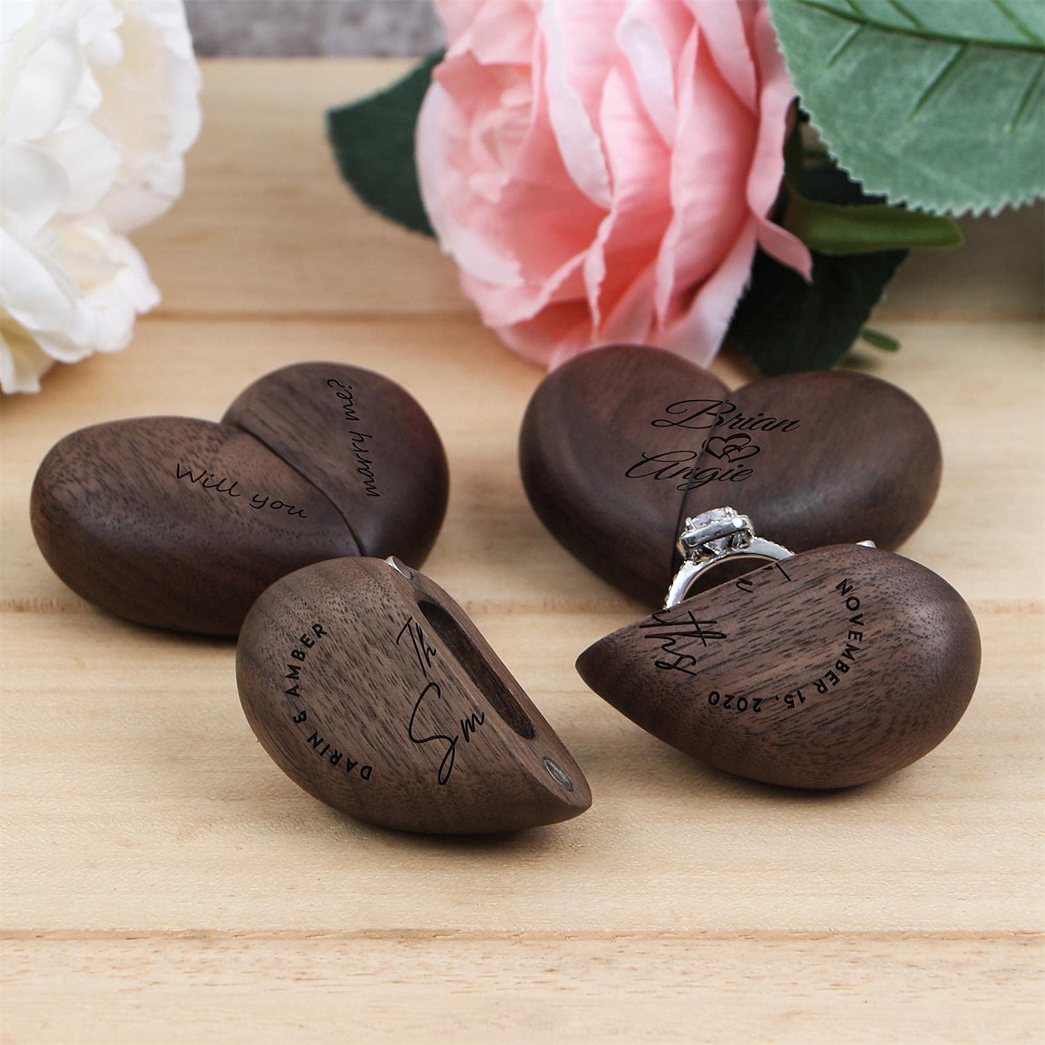 KWOOD Personalized Heart Shaped Walnut Ring Box with Magnetic Closure - Elegant Engagement Ring Box, Wedding Jewelry Gift for Her, Birthday Present - Perfect for Proposal, Ring Storage & Special Occasions