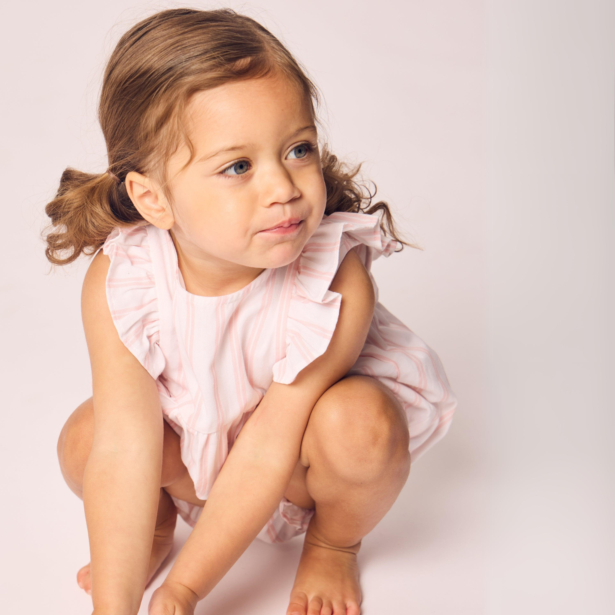Pink and White Striped Baby Twill Romper with Ruffles - Soft & Comfortable Outfit for Newborns, Infants - Perfect for Playdates, Photo Shoots & Special Occasions